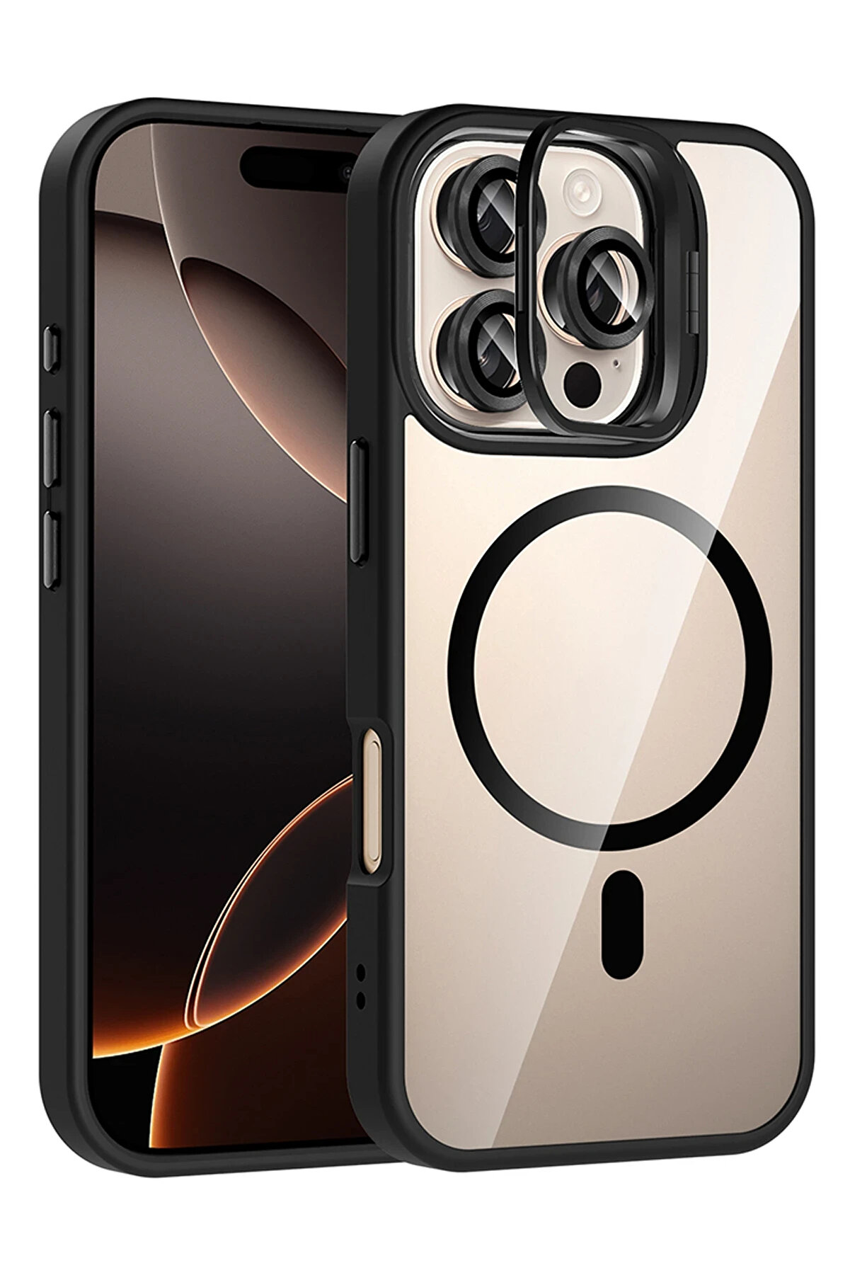 Buti̇k Harmonyaura Apple İphone 16 Pro Remi̇m Lensli̇ Magsafe Standlı Kapak - Si̇yah