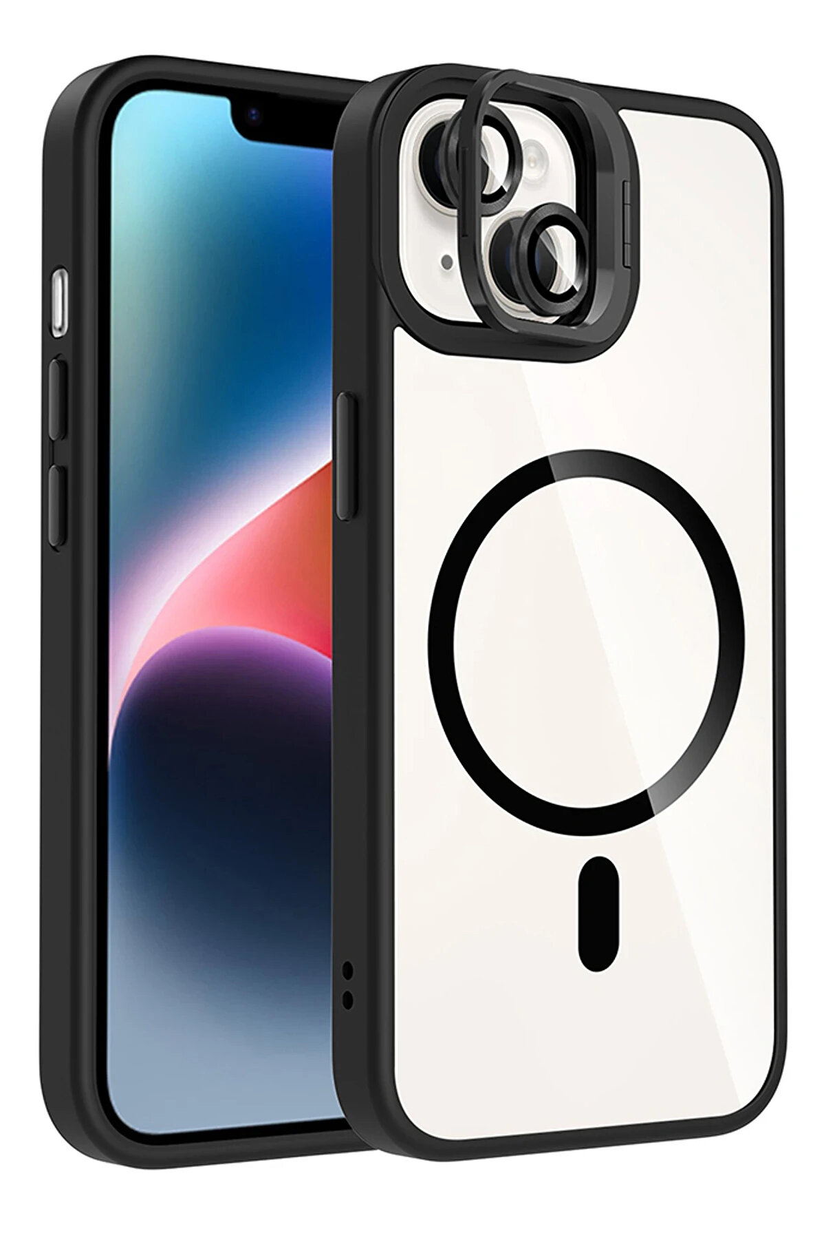 Buti̇k Harmonyaura Apple İphone 15 Plus Remi̇m Lensli̇ Magsafe Standlı Kapak - Si̇yah