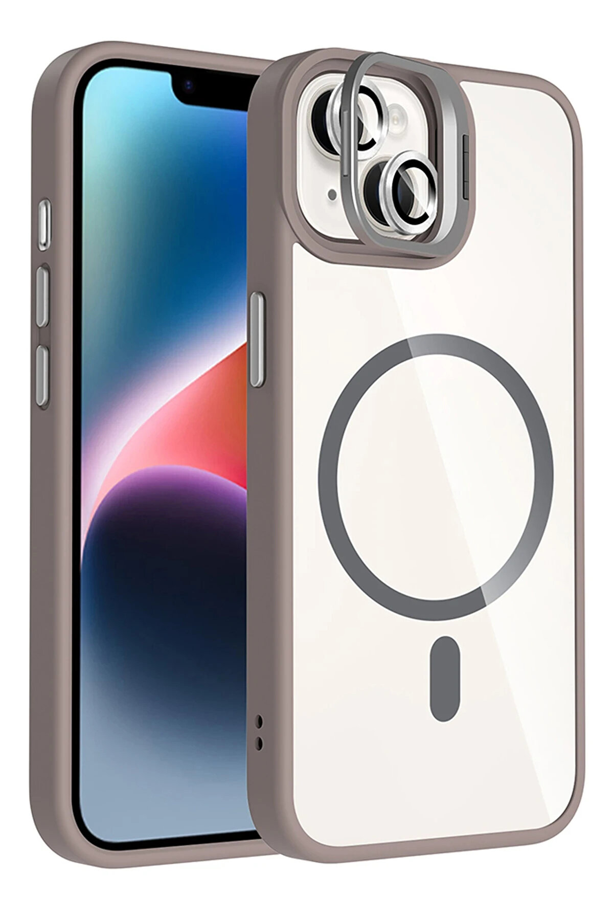 Buti̇k Harmonyaura Apple İphone 14 Remi̇m Lensli̇ Magsafe Standlı Kapak - Ti̇tan Gri̇