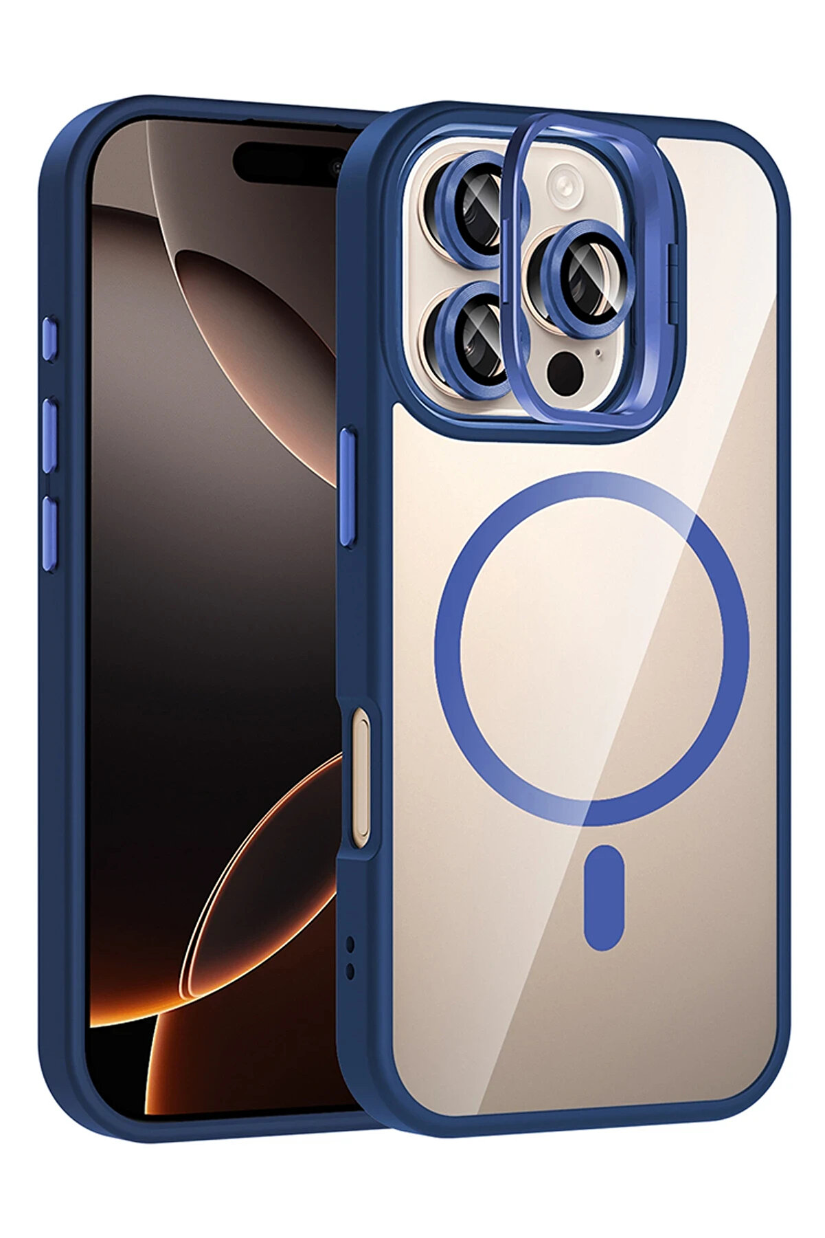 Buti̇k Harmonyaura Apple İphone 16 Pro Remi̇m Lensli̇ Magsafe Standlı Kapak - Laci̇vert