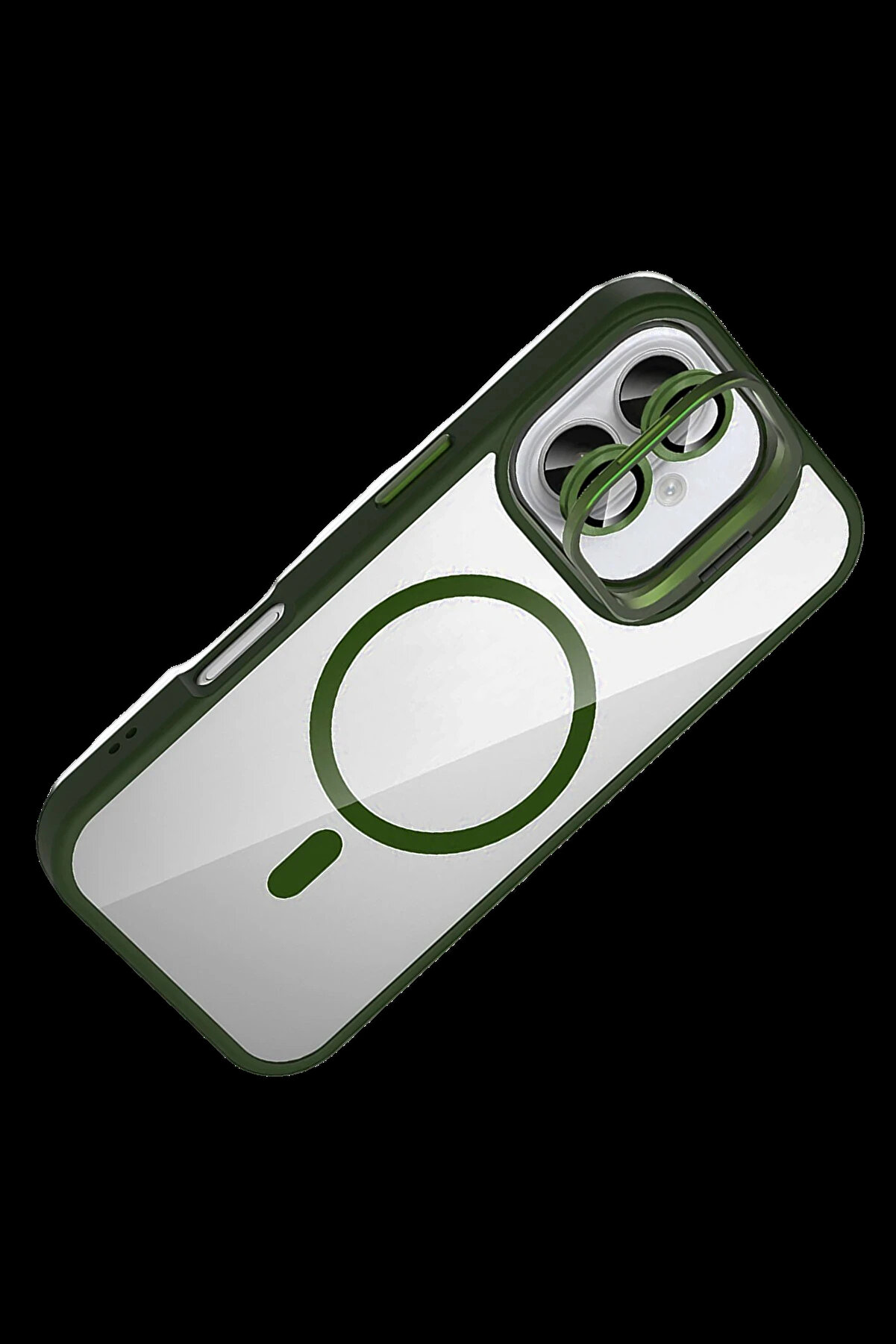 Buti̇k Harmonyaura Apple İphone 16 Remi̇m Lensli̇ Magsafe Standlı Kapak - Koyu Yeşi̇l