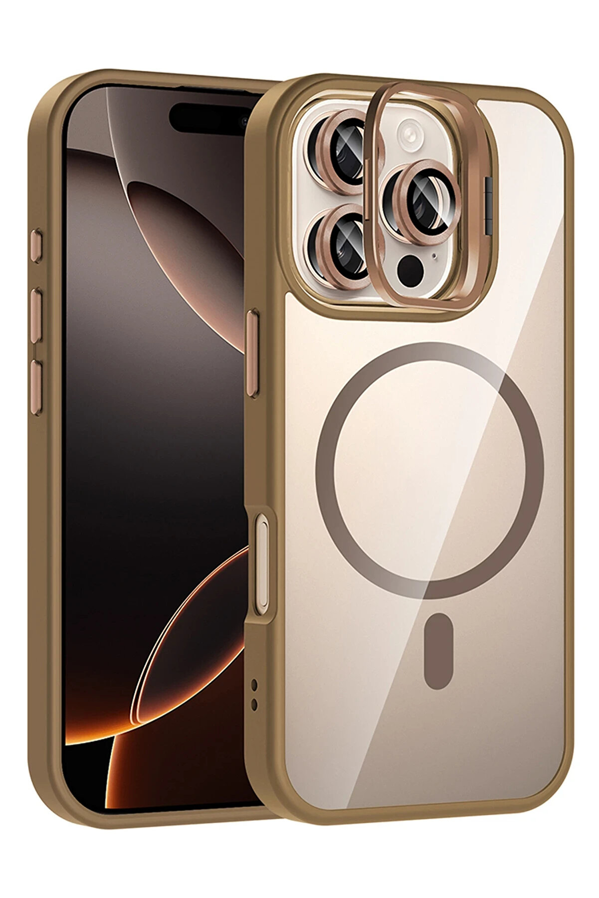 Buti̇k Harmonyaura Apple İphone 16 Pro Remi̇m Lensli̇ Magsafe Standlı Kapak - Kahverengi̇