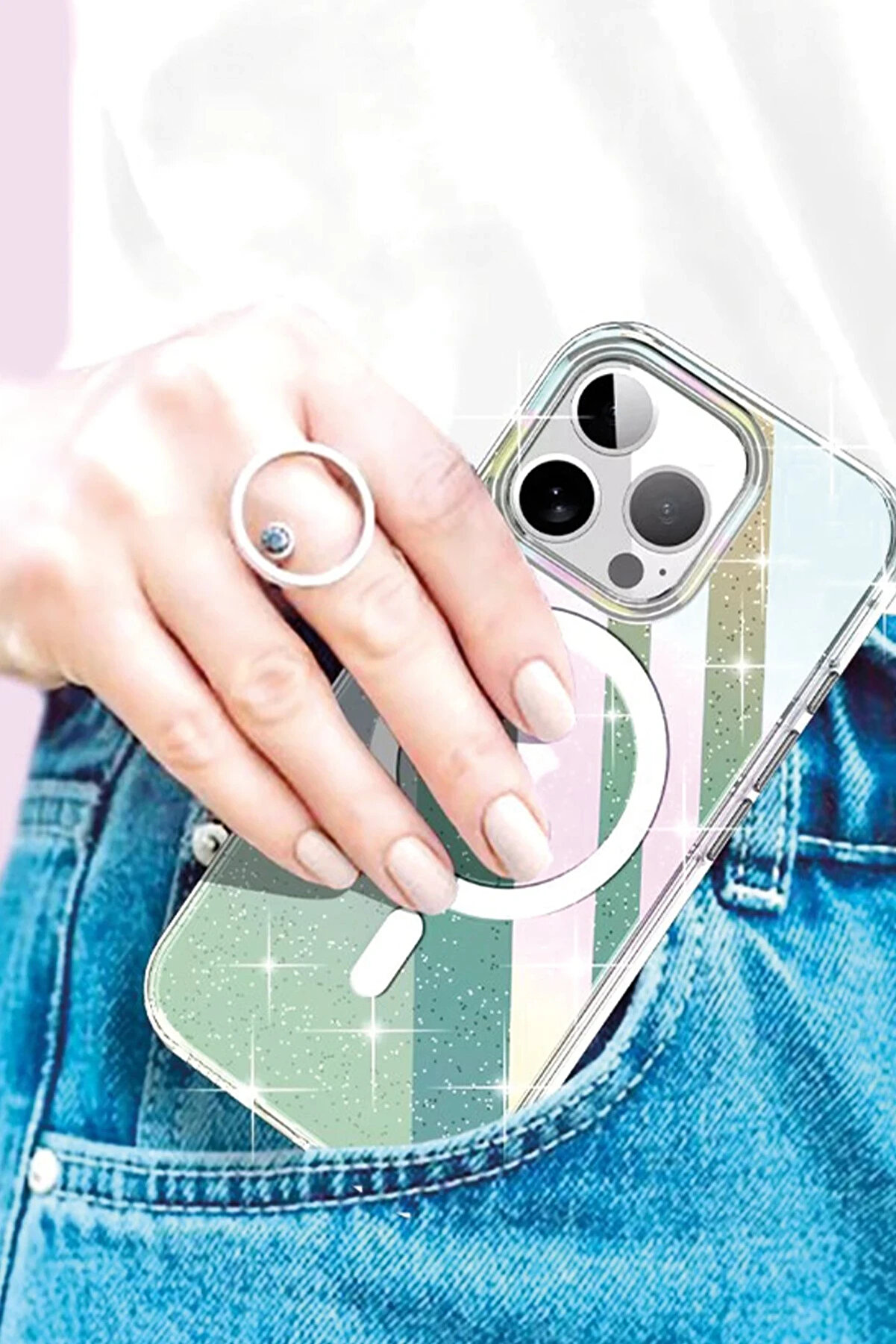 Buti̇k İphone 15 Pro Max Rasasi̇ Si̇mli̇ Magsafe Kapak - Şeffaf-(5796)