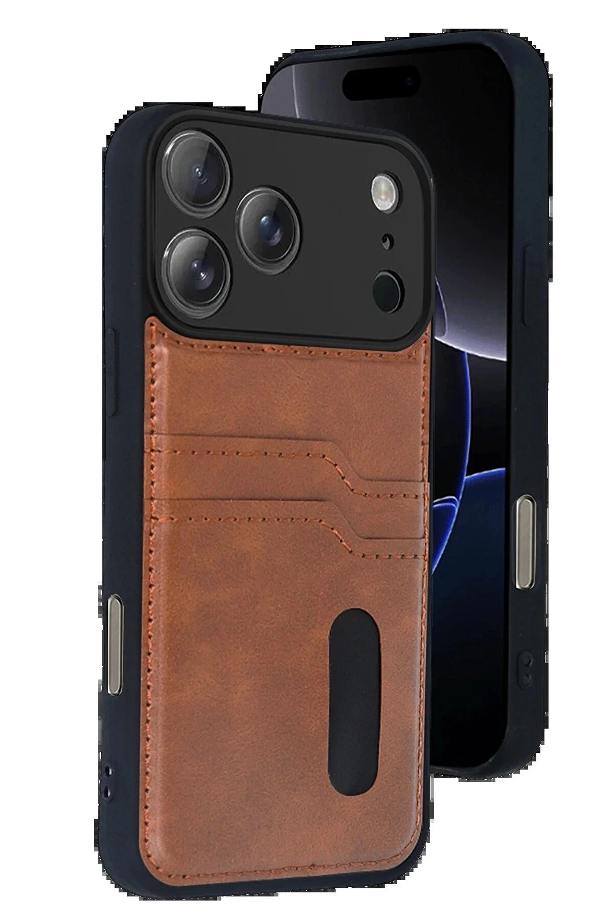 Buti̇k Apple İphone 17 Pro Max Sara Kartvi̇zi̇tli̇ Deri̇ Kılıf - Taba-(5796)