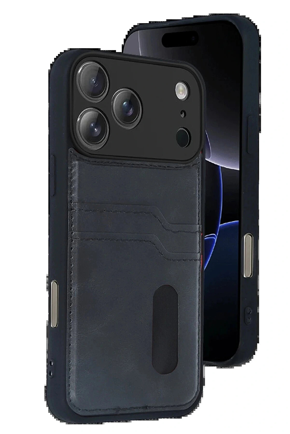 Buti̇k Apple İphone 17 Pro Max Sara Kartvi̇zi̇tli̇ Deri̇ Kılıf - Si̇yah-(5796)