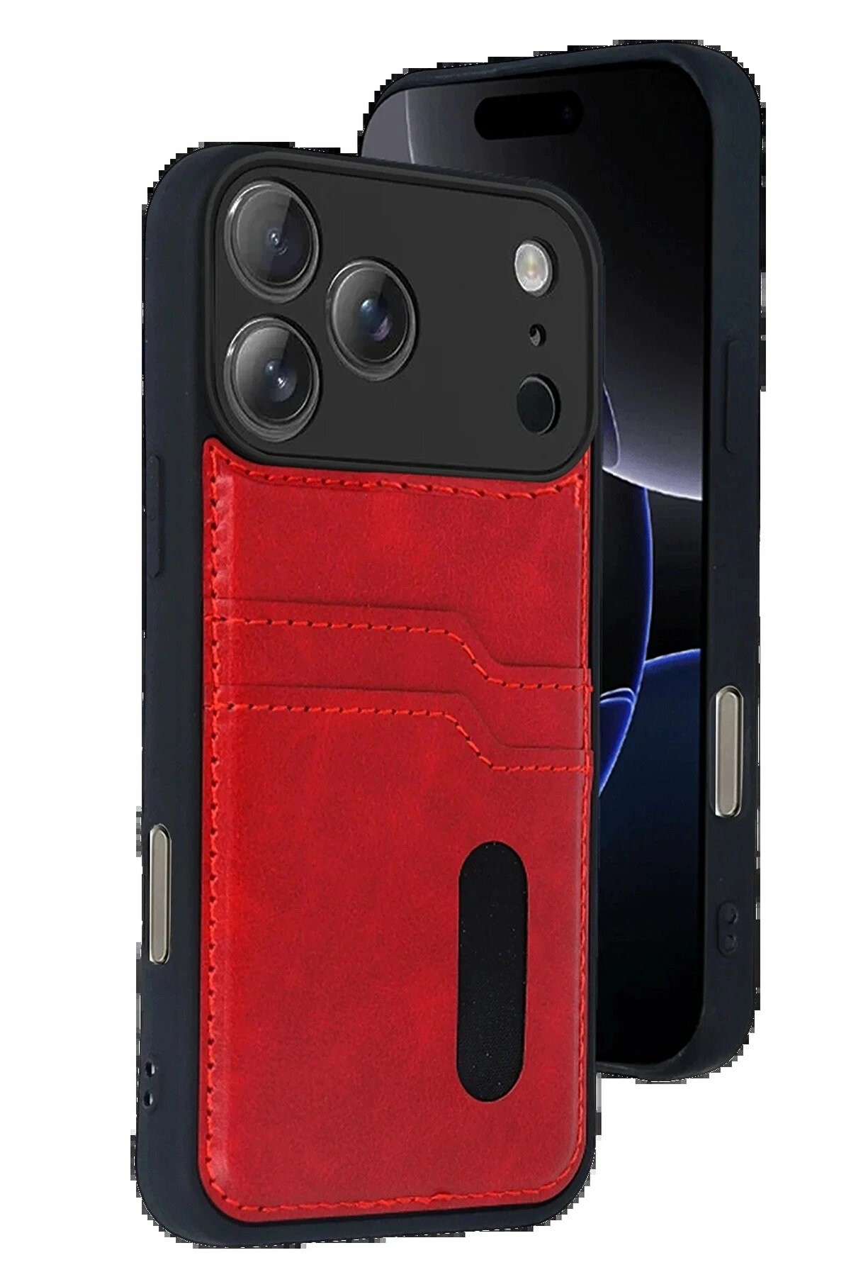 Buti̇k Apple İphone 17 Pro Sara Kartvi̇zi̇tli̇ Deri̇ Kılıf - Kırmızı-(5796)