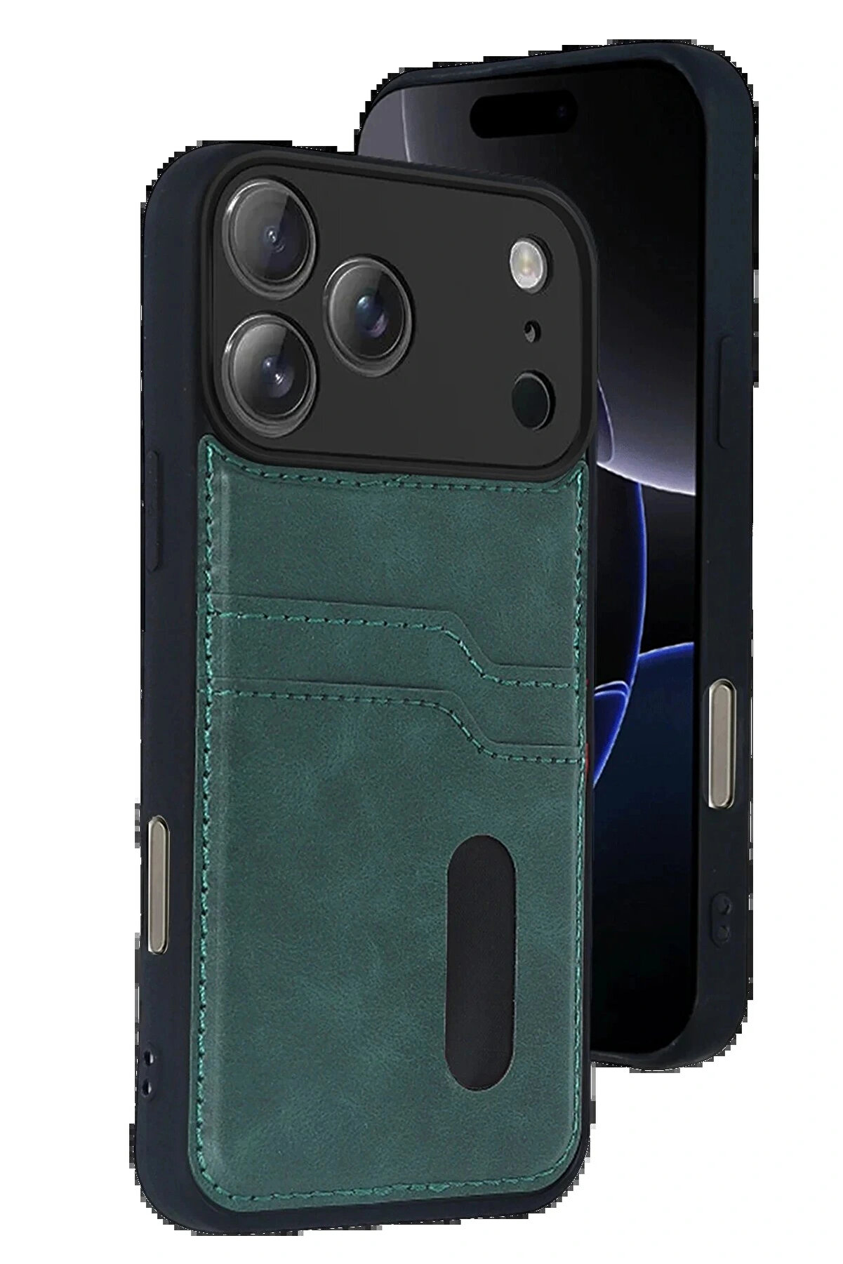 Buti̇k Apple İphone 17 Pro Sara Kartvi̇zi̇tli̇ Deri̇ Kılıf - Yeşi̇l-(5796)