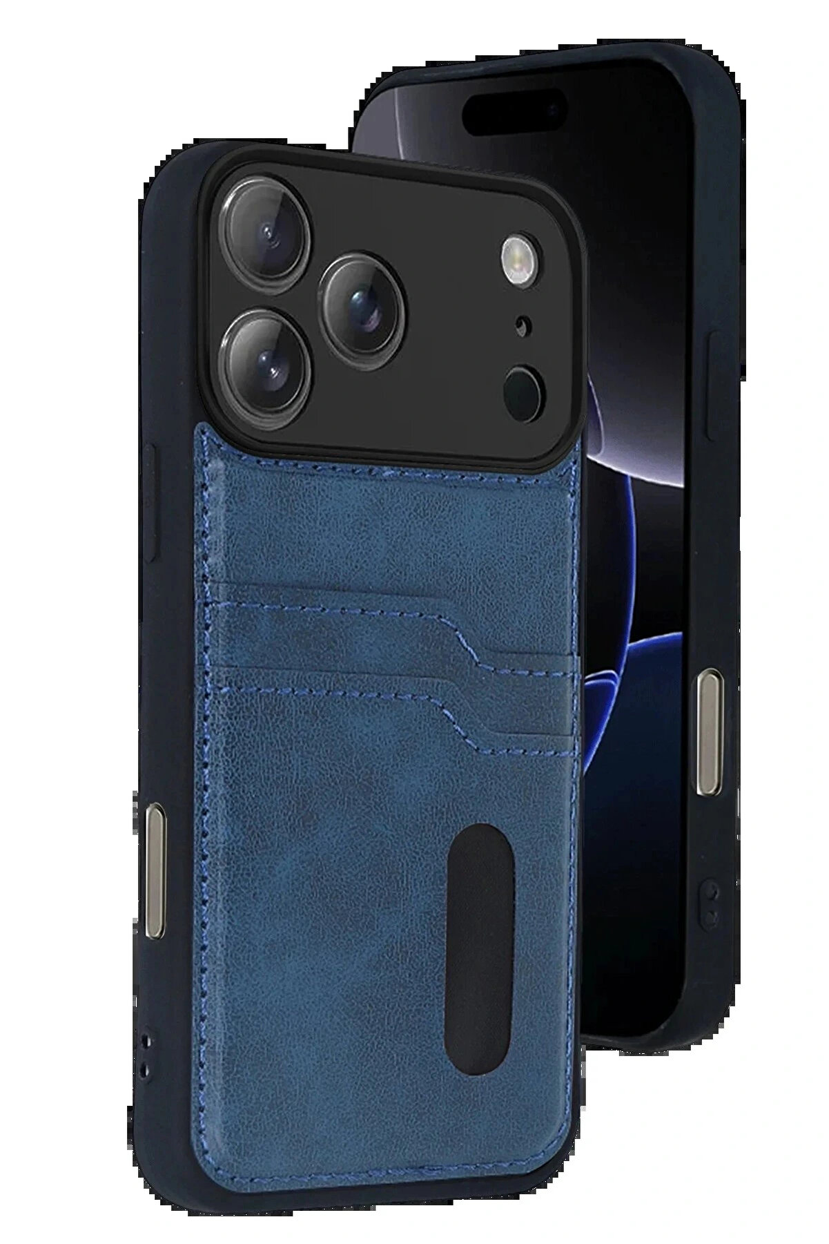 Buti̇k Apple İphone 17 Pro Sara Kartvi̇zi̇tli̇ Deri̇ Kılıf - Laci̇vert-(5796)