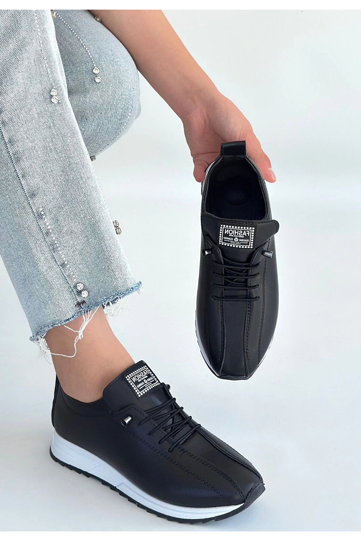 Naturalshoess Monya Si̇yah Ci̇lt Bağcıklı Spor Ayakkabı