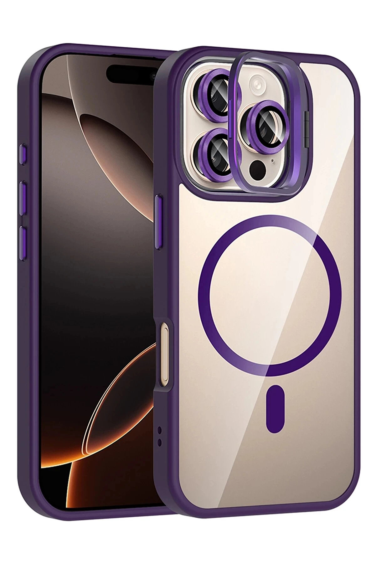 Buti̇k Apple İphone 16 Pro Remi̇m Lensli̇ Magsafe Standlı Kapak - Deri̇n Mor-(5796)