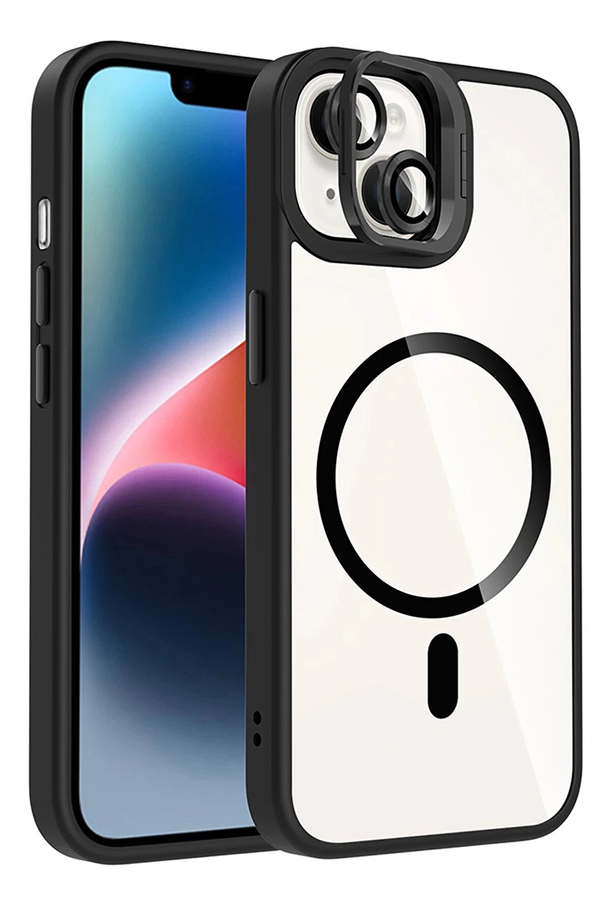 Buti̇k Apple İphone 13 Remi̇m Lensli̇ Magsafe Standlı Kapak - Si̇yah-(5796)