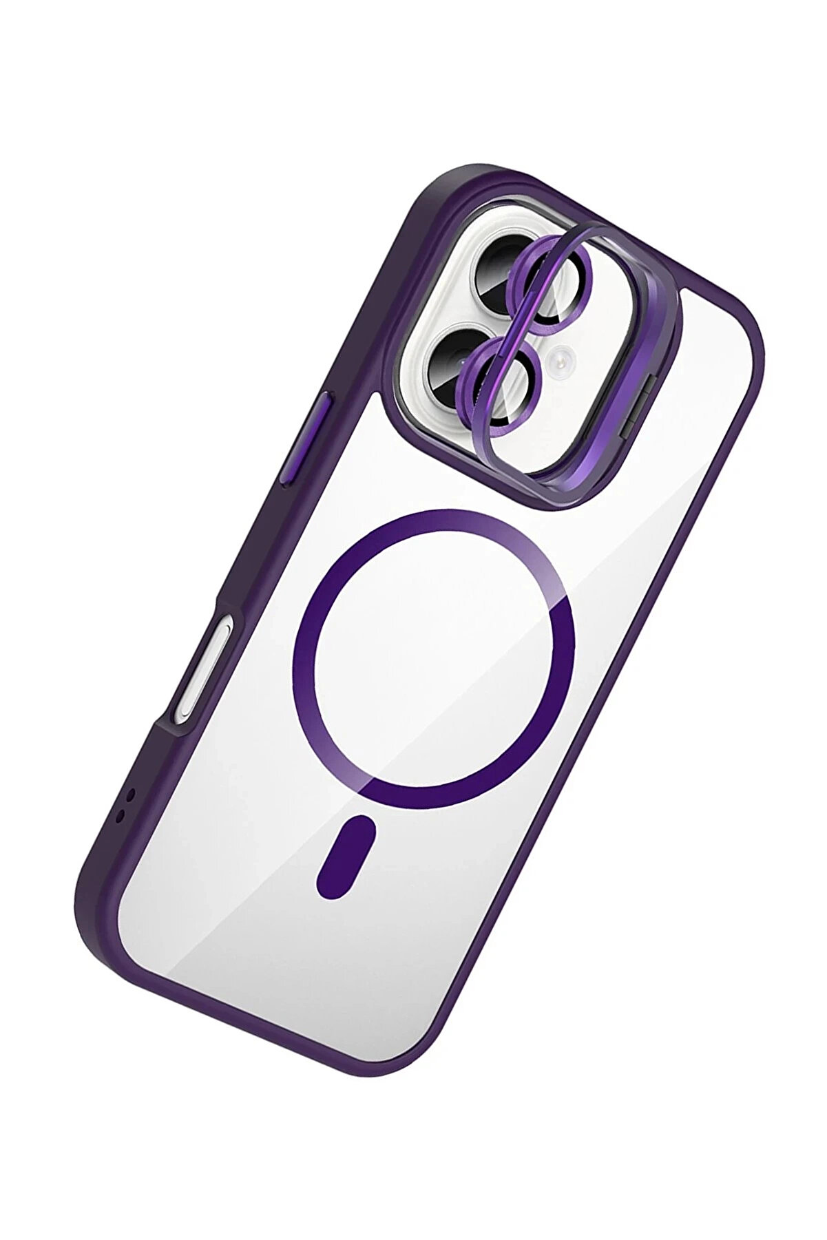 Buti̇k Apple İphone 16 Remi̇m Lensli̇ Magsafe Standlı Kapak - Deri̇n Mor-(5796)