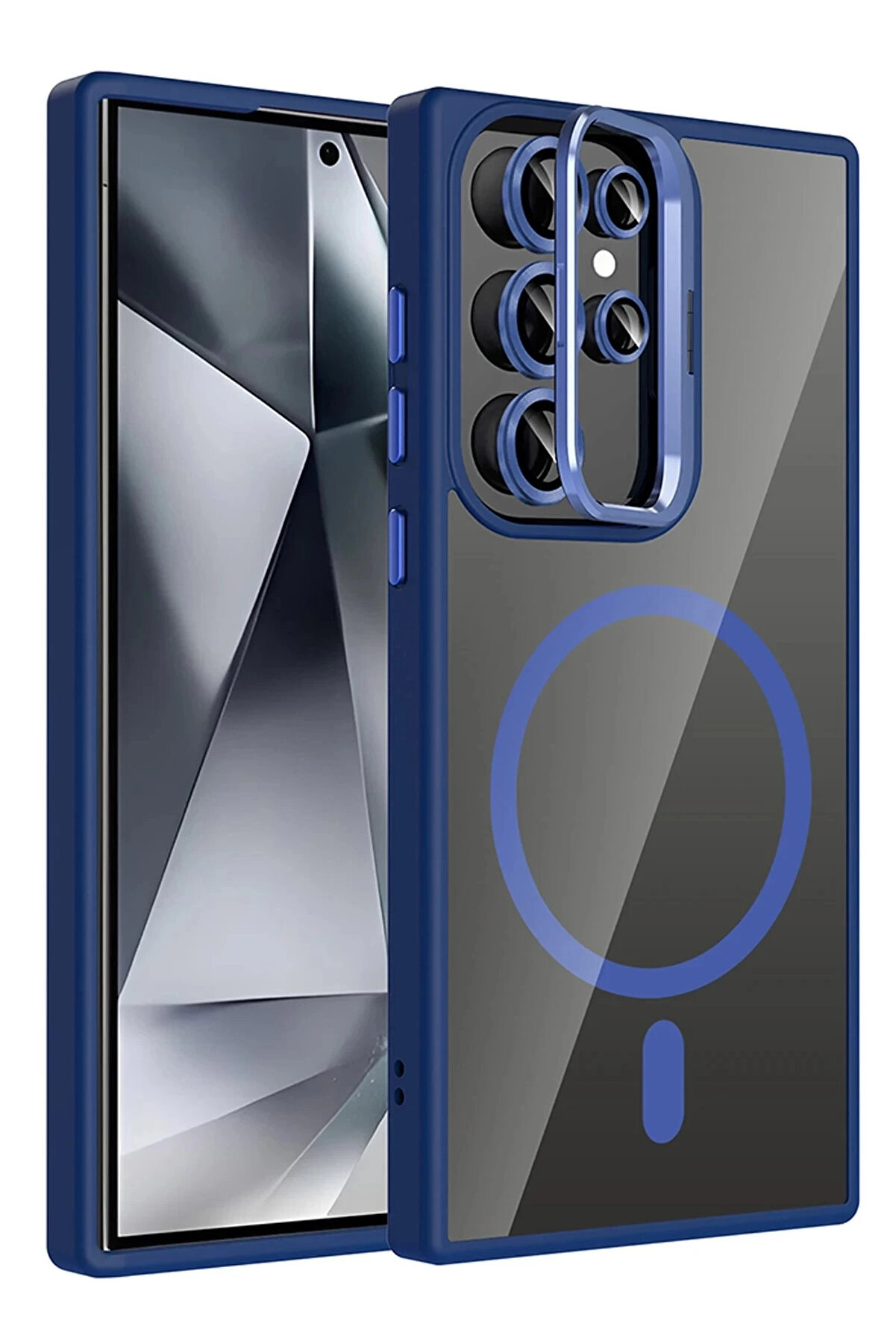 Buti̇k Samsung Galaxy S23 Ultra Remi̇m Lensli̇ Magsafe Standlı Kapak - Laci̇vert-(5796)