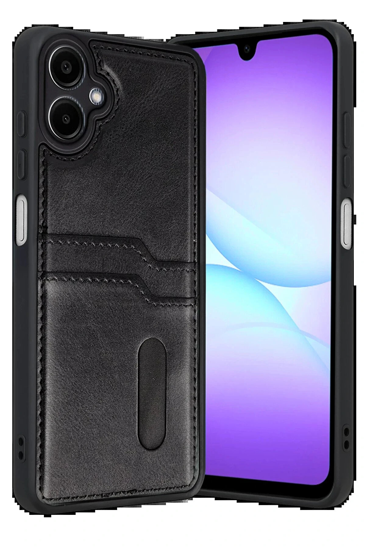 Buti̇k Samsung Galaxy A07 4G Sara Kartvi̇zi̇tli̇ Deri̇ Kılıf - Si̇yah-(5796)