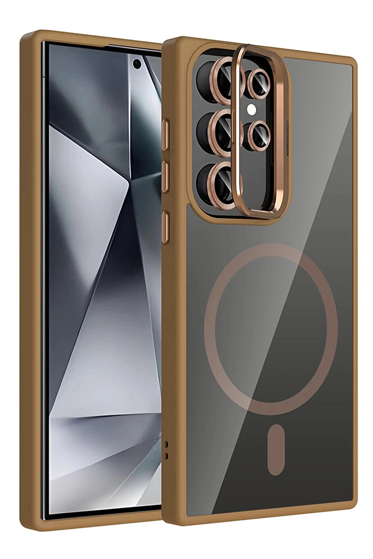 Buti̇k Samsung Galaxy S25 Ultra Remi̇m Lensli̇ Magsafe Standlı Kapak - Kahverengi̇-(5796)