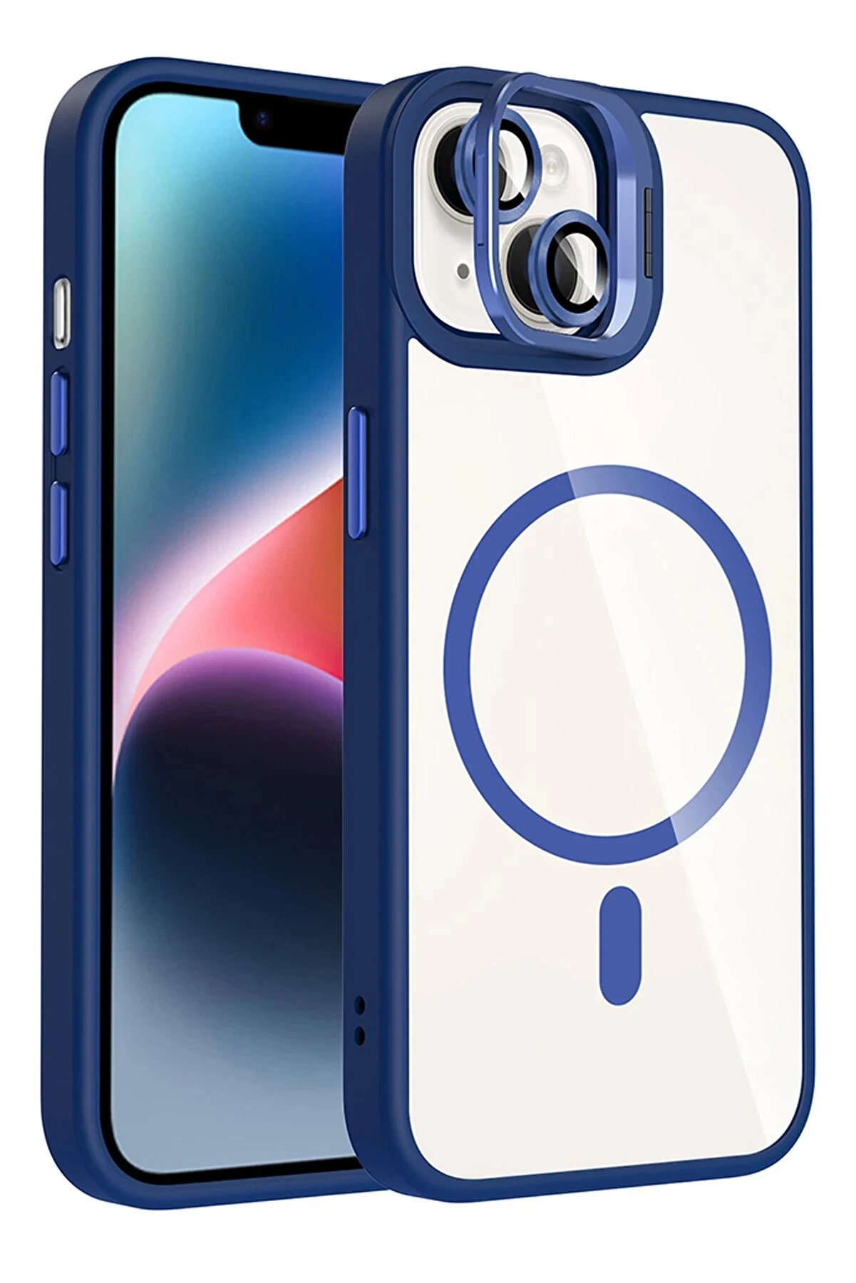 Buti̇k Apple İphone 15 Plus Remi̇m Lensli̇ Magsafe Standlı Kapak - Laci̇vert-(5796)