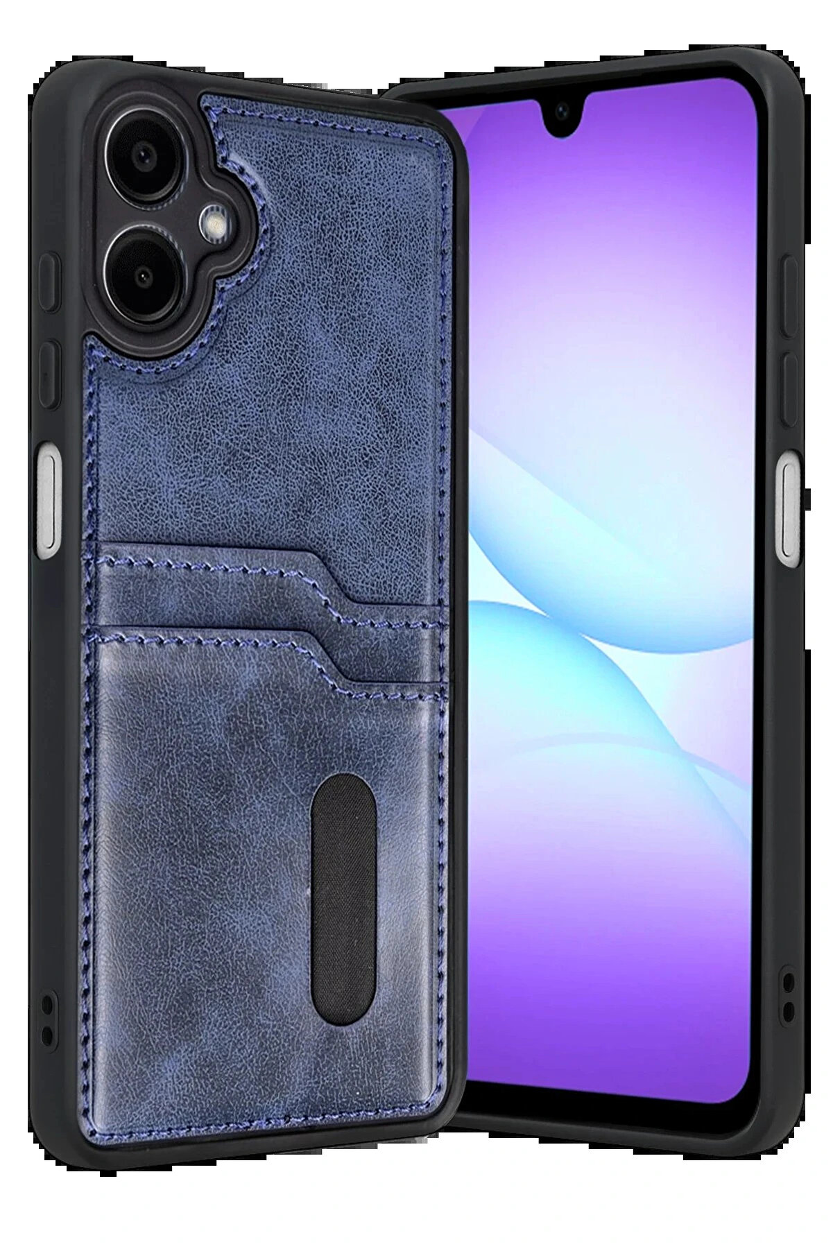 Buti̇k Samsung Galaxy A07 4G Sara Kartvi̇zi̇tli̇ Deri̇ Kılıf - Laci̇vert-(5796)