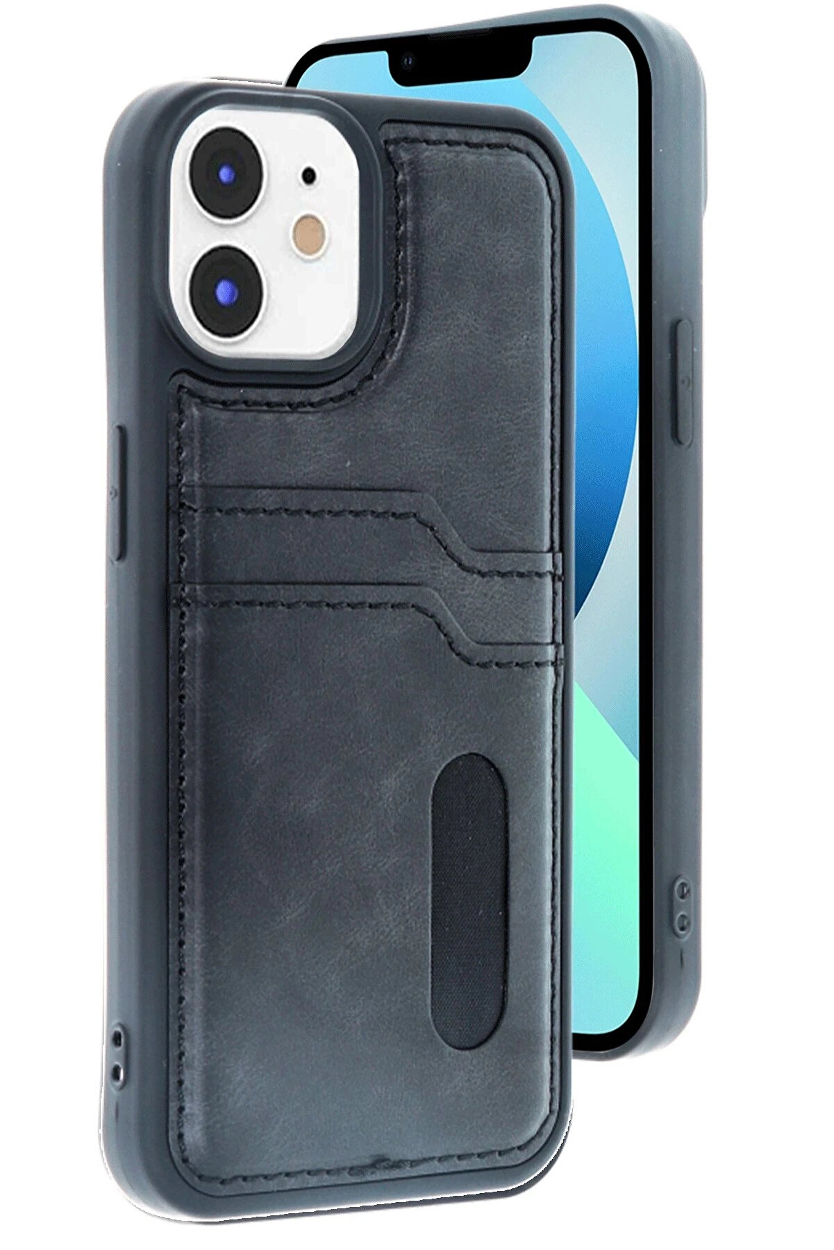 Buti̇k İphone 11 Kılıf Sara Kartvi̇zi̇tli̇ Deri̇ Kılıf - Si̇yah-(5796)