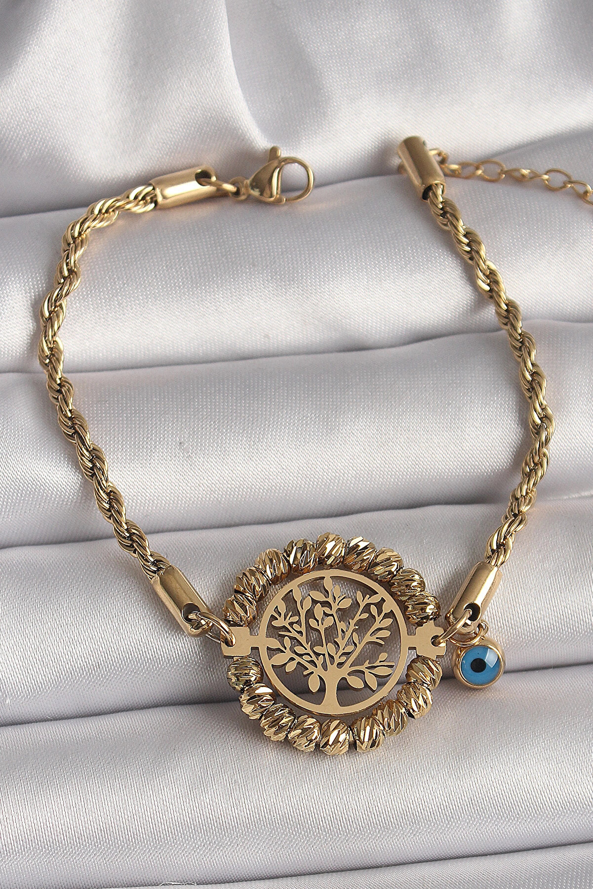 Buti̇k 316L &Ccedil;eli̇k Gold Renk Burgu Zi̇nci̇r Model Dori̇ka Yaşam Ağacı Fi̇g&uuml;r Nazar Boncuk Detay Kadın Bi̇lekli̇k