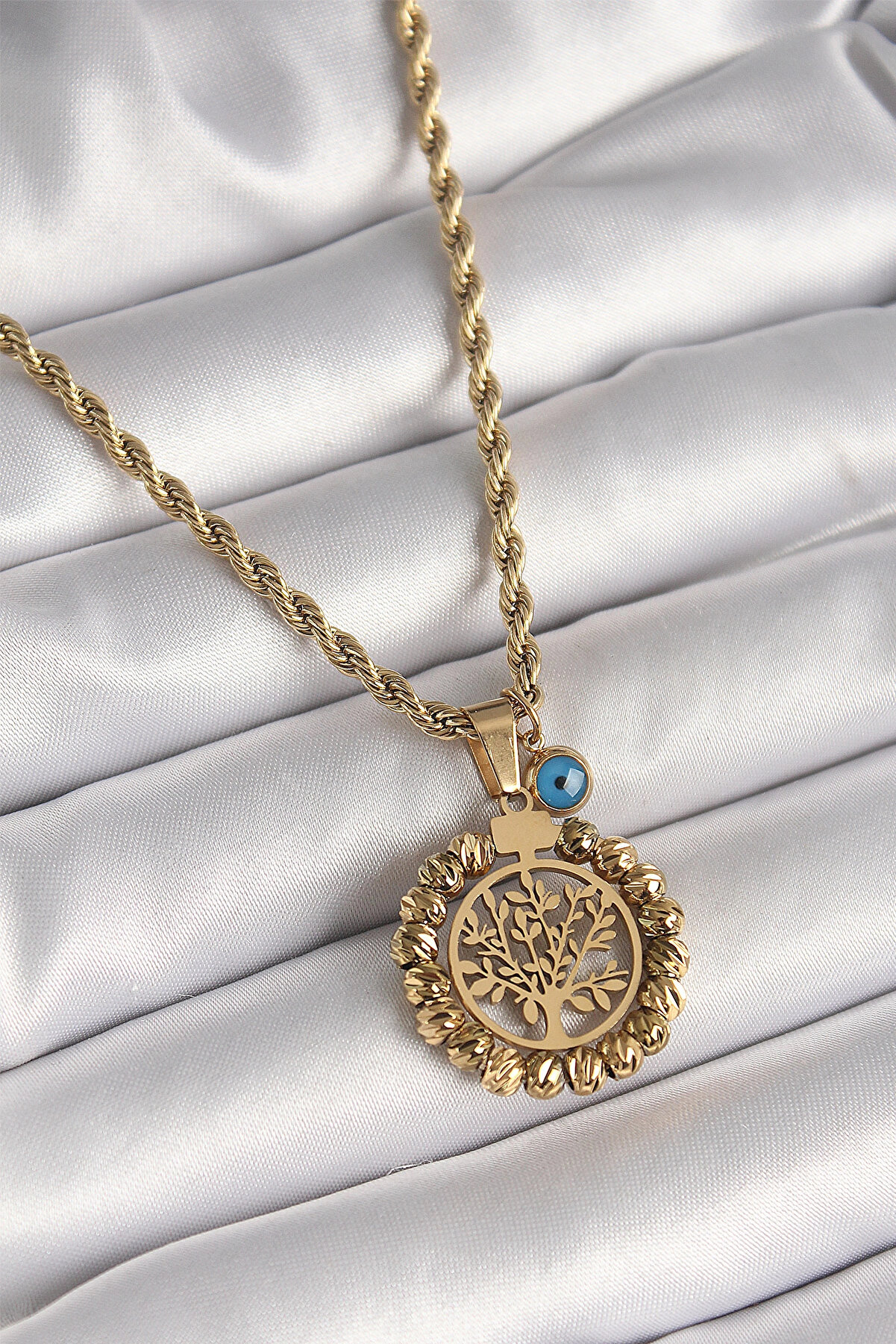 Buti̇k 316L &Ccedil;eli̇k Gold Renk Burgu Zi̇nci̇r Dori̇ka Yaşam Ağacı Fi̇g&uuml;r Nazar Boncuk Detay Kadın Kolye