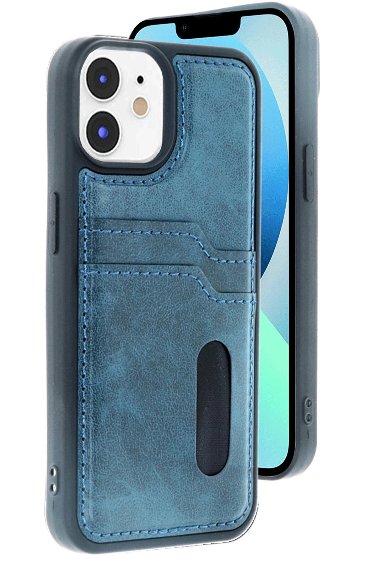 Buti̇k İphone 11 Kılıf Sara Kartvi̇zi̇tli̇ Deri̇ Kılıf - Laci̇vert-(5796)