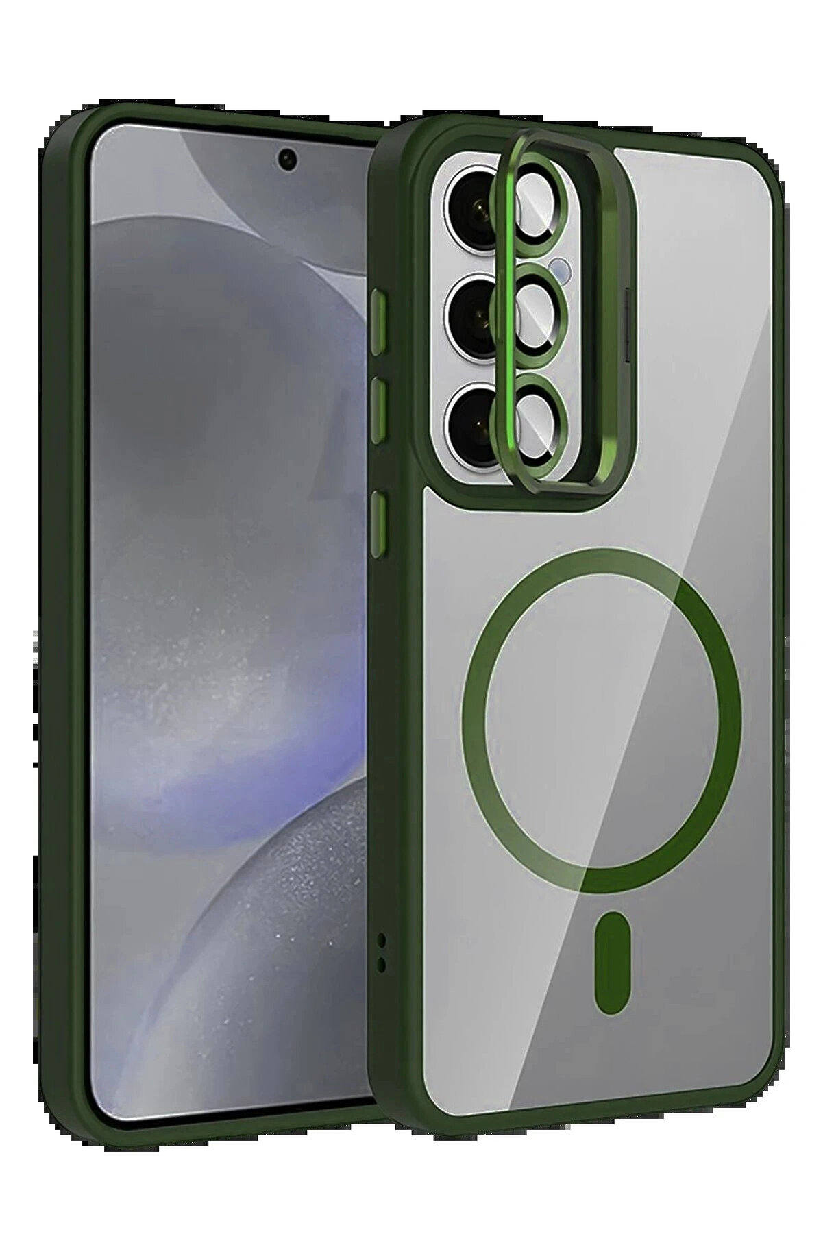 Buti̇k Samsung Galaxy S25 Fe Remi̇m Lensli̇ Magsafe Standlı Kapak - Koyu Yeşi̇l-(5796)