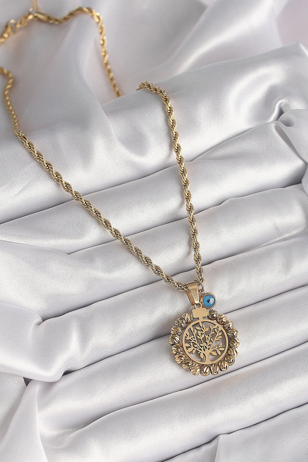Buti̇k 316L &Ccedil;eli̇k Gold Renk Burgu Zi̇nci̇r Dori̇ka Yaşam Ağacı Fi̇g&uuml;r Nazar Boncuk Detay Kadın Kolye