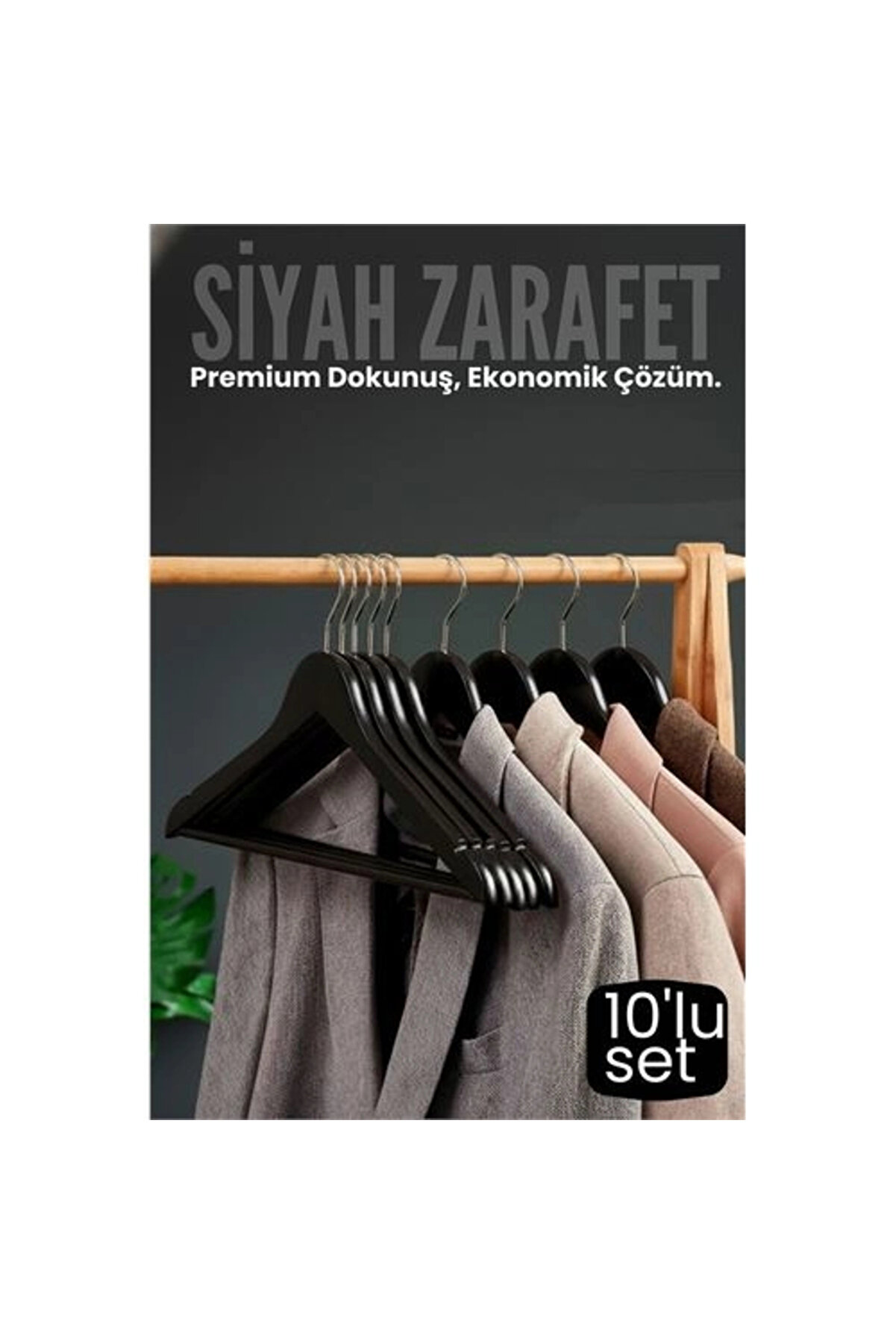 Buti̇k 10 Lu L&uuml;ks Si̇yah Elbi̇se Ceket Askısı - Ergonomi̇k & Kaymaz Plasti̇k Askı Seti̇ - Ahşap G&ouml;r&uuml;n&uuml;ml&uuml;