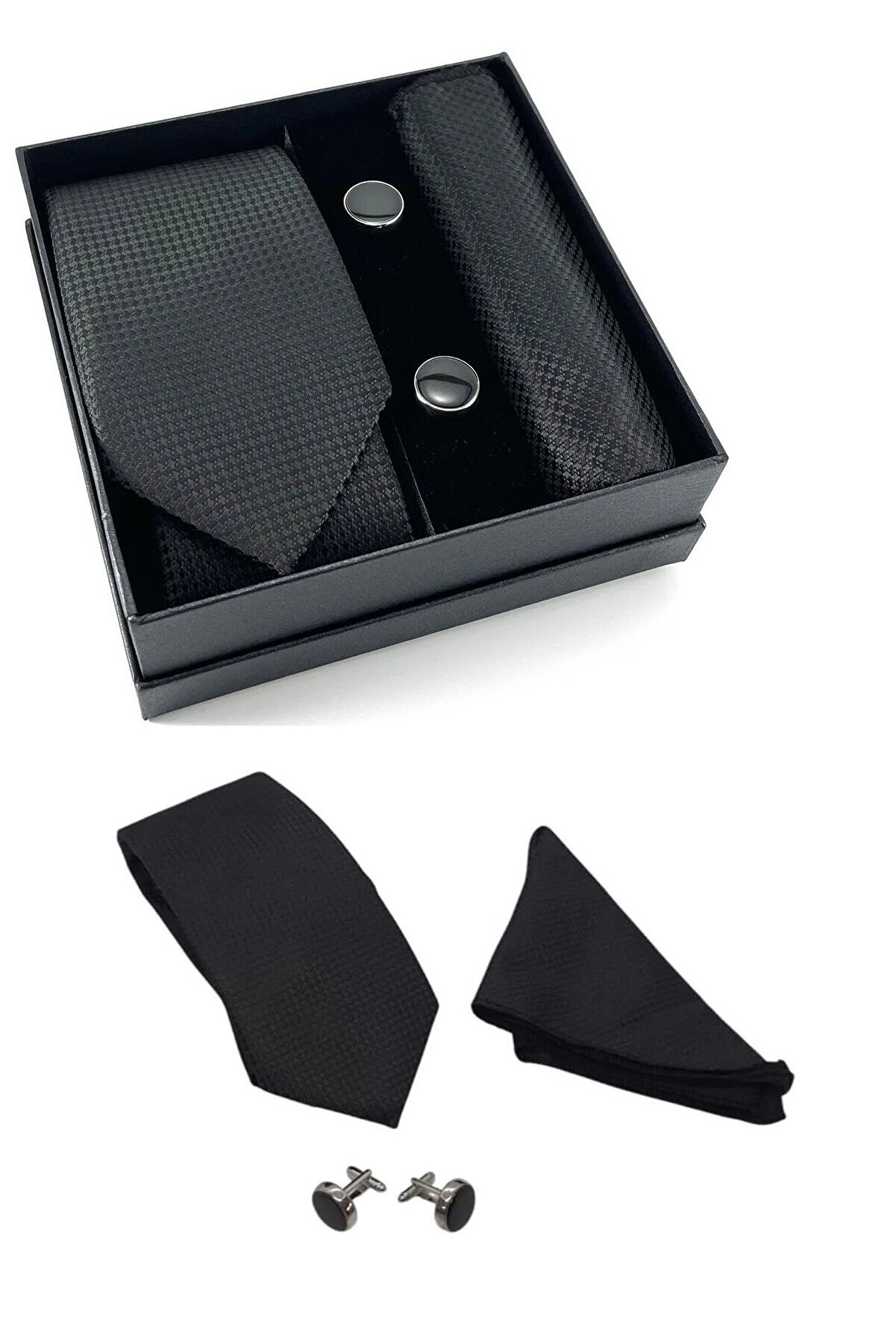 Ethab Ti̇caret Kravat D&uuml;ğme Set Si̇yah Desenli̇ Kravat Mendi̇l Kol D&uuml;ğmesi̇ &Ouml;zel Set