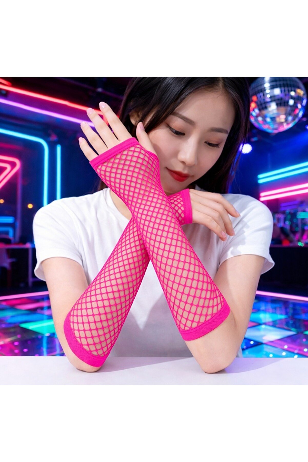 Ethab Ti̇caret 80&rsquo;Ler 90&rsquo;Lar Retro Neon Fuşya Şeker Pembesi̇ Fi̇le Parmaksız Eldi̇ven 26 Cm