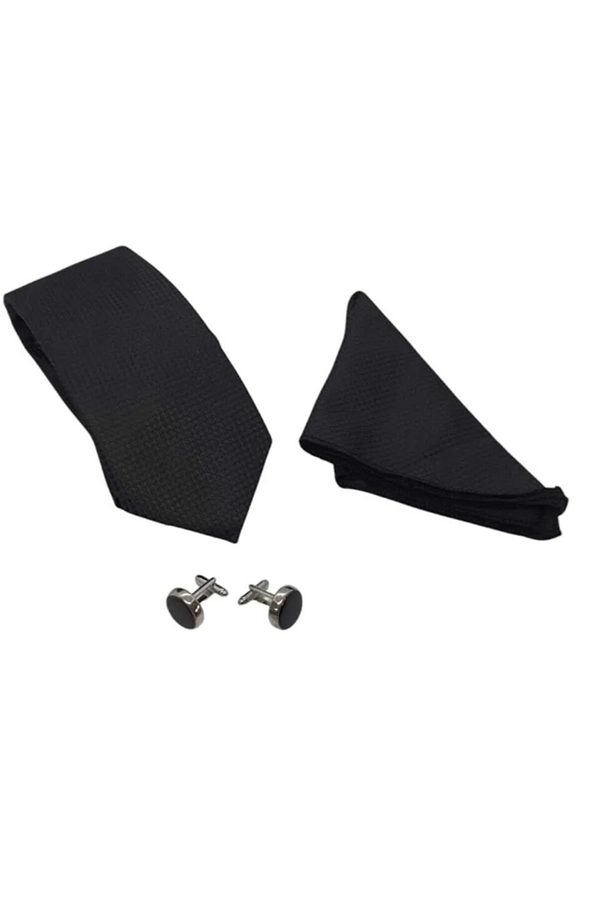 Ethab Ti̇caret Kravat D&uuml;ğme Set Si̇yah Desenli̇ Kravat Mendi̇l Kol D&uuml;ğmesi̇ &Ouml;zel Set
