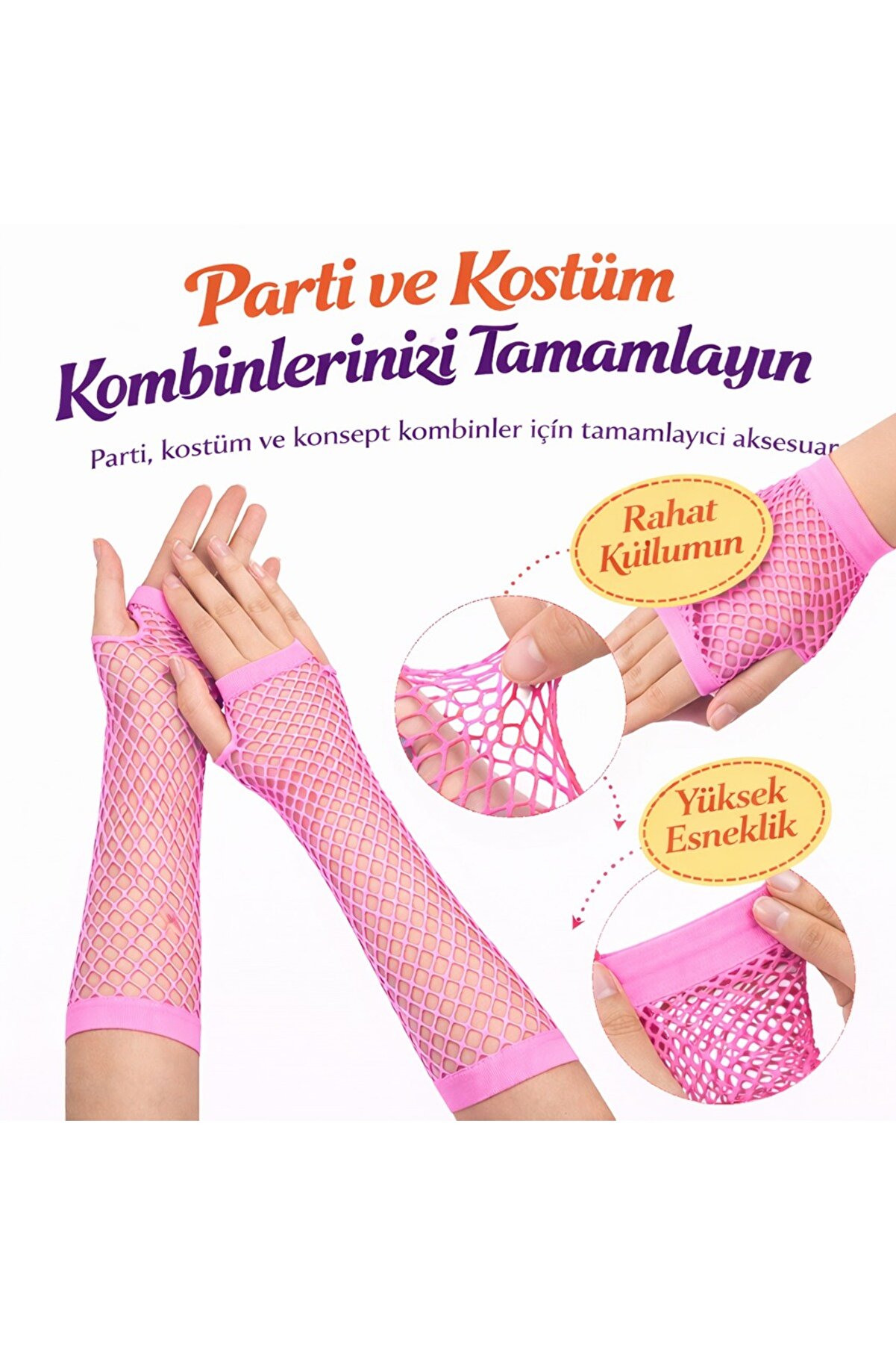 Ethab Ti̇caret 80&rsquo;Ler 90&rsquo;Lar Retro Neon Pembe Fi̇le Parmaksız Eldi̇ven 26 Cm