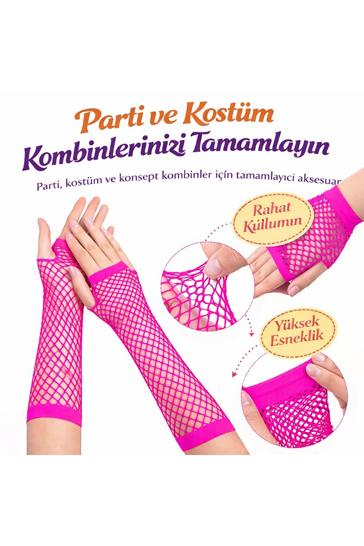 Ethab Ti̇caret 80&rsquo;Ler 90&rsquo;Lar Retro Neon Fuşya Şeker Pembesi̇ Fi̇le Parmaksız Eldi̇ven 26 Cm