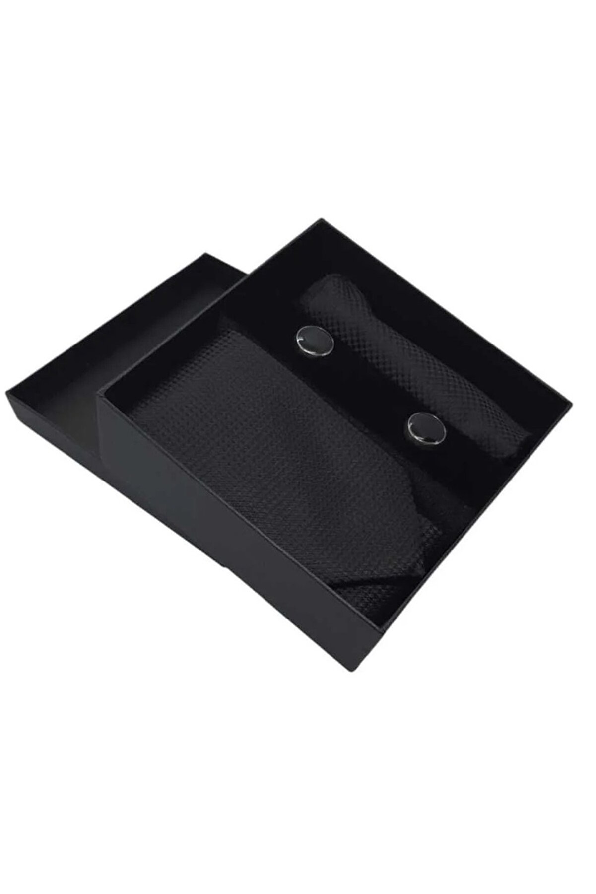 Ethab Ti̇caret Kravat D&uuml;ğme Set Si̇yah Desenli̇ Kravat Mendi̇l Kol D&uuml;ğmesi̇ &Ouml;zel Set