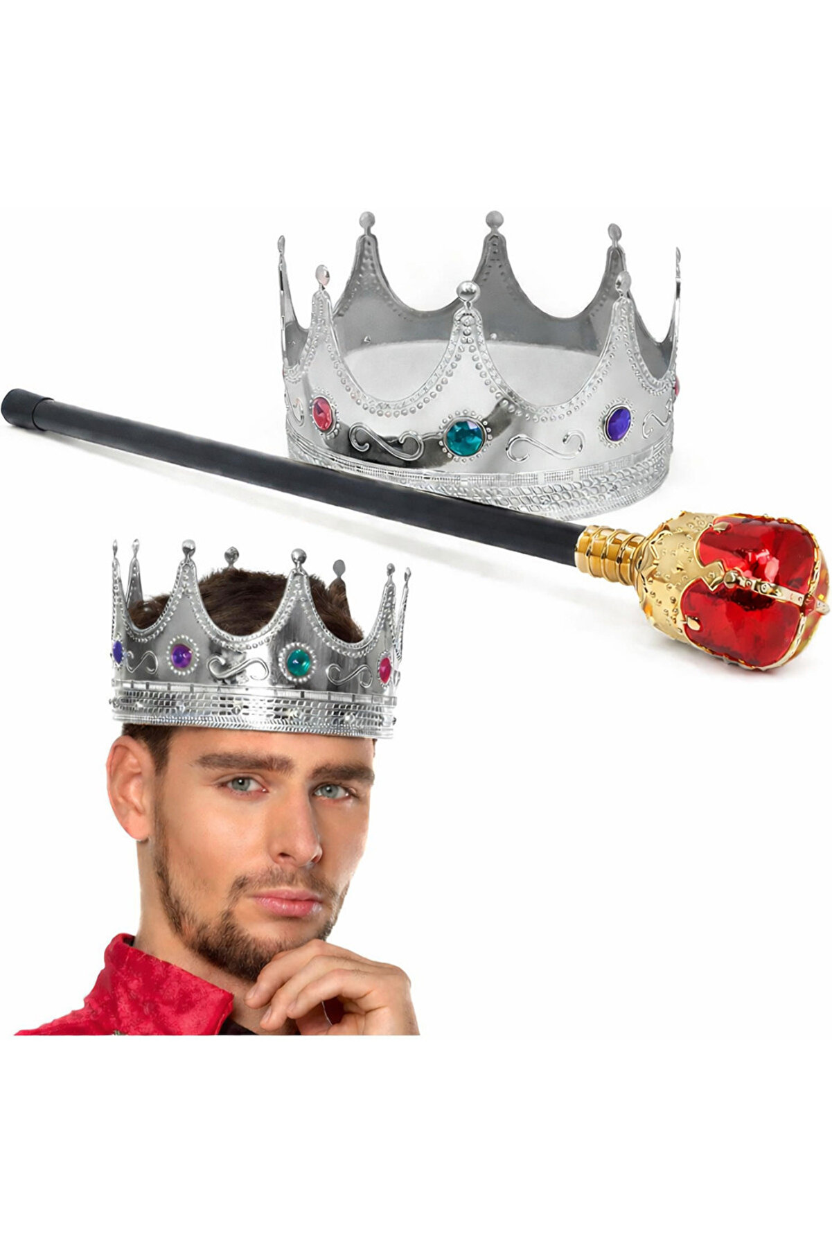 Ethab Ti̇caret G&uuml;m&uuml;ş Kral Tacı Krali̇yet Tacı 60 Cm Ve Kırmızı Topuzlu Kral Asası Seti̇
