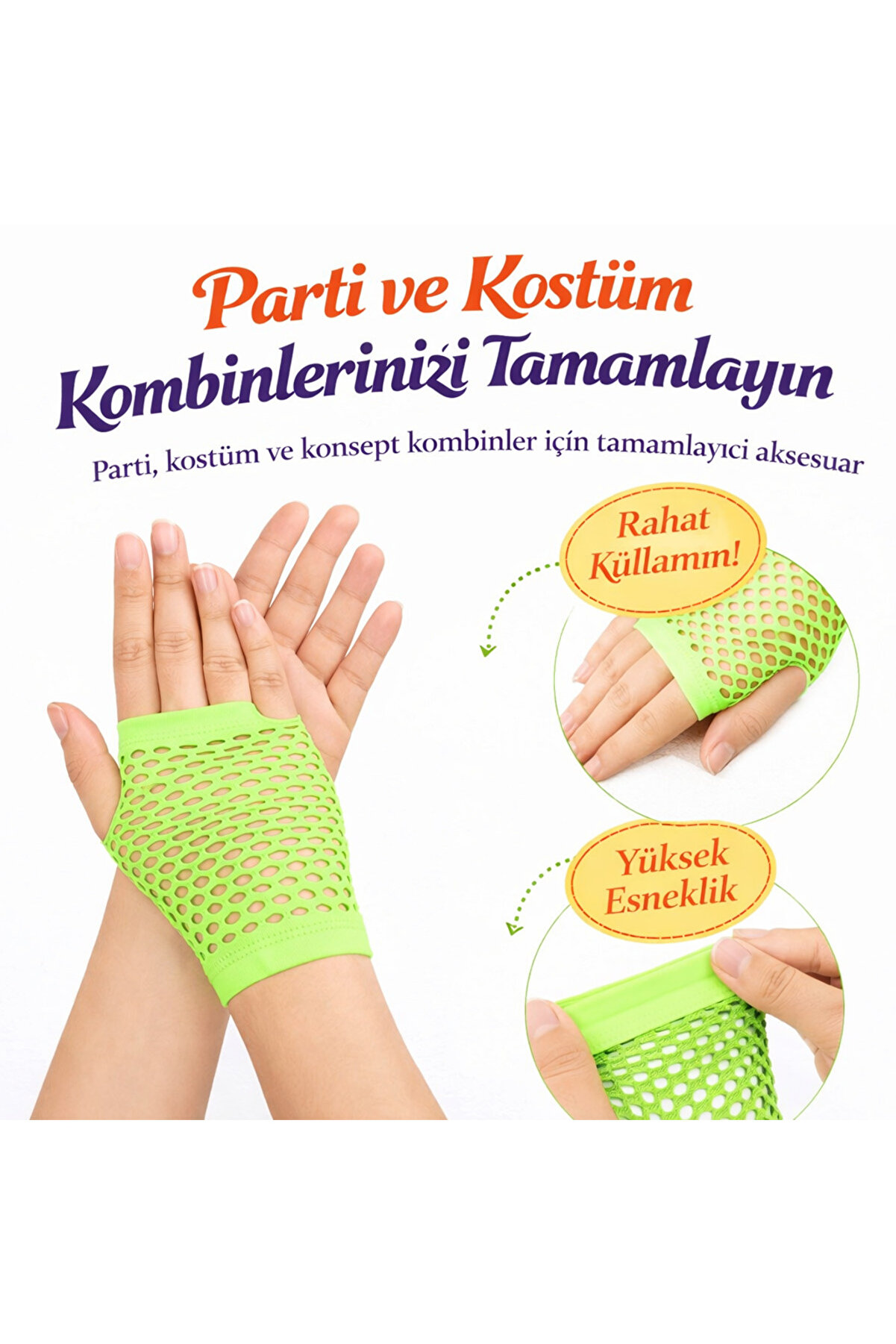 Ethab Ti̇caret 80&rsquo;Ler 90&rsquo;Lar Retro Neon Yeşi̇l Fi̇le Parmaksız Kısa Eldi̇ven 11 Cm