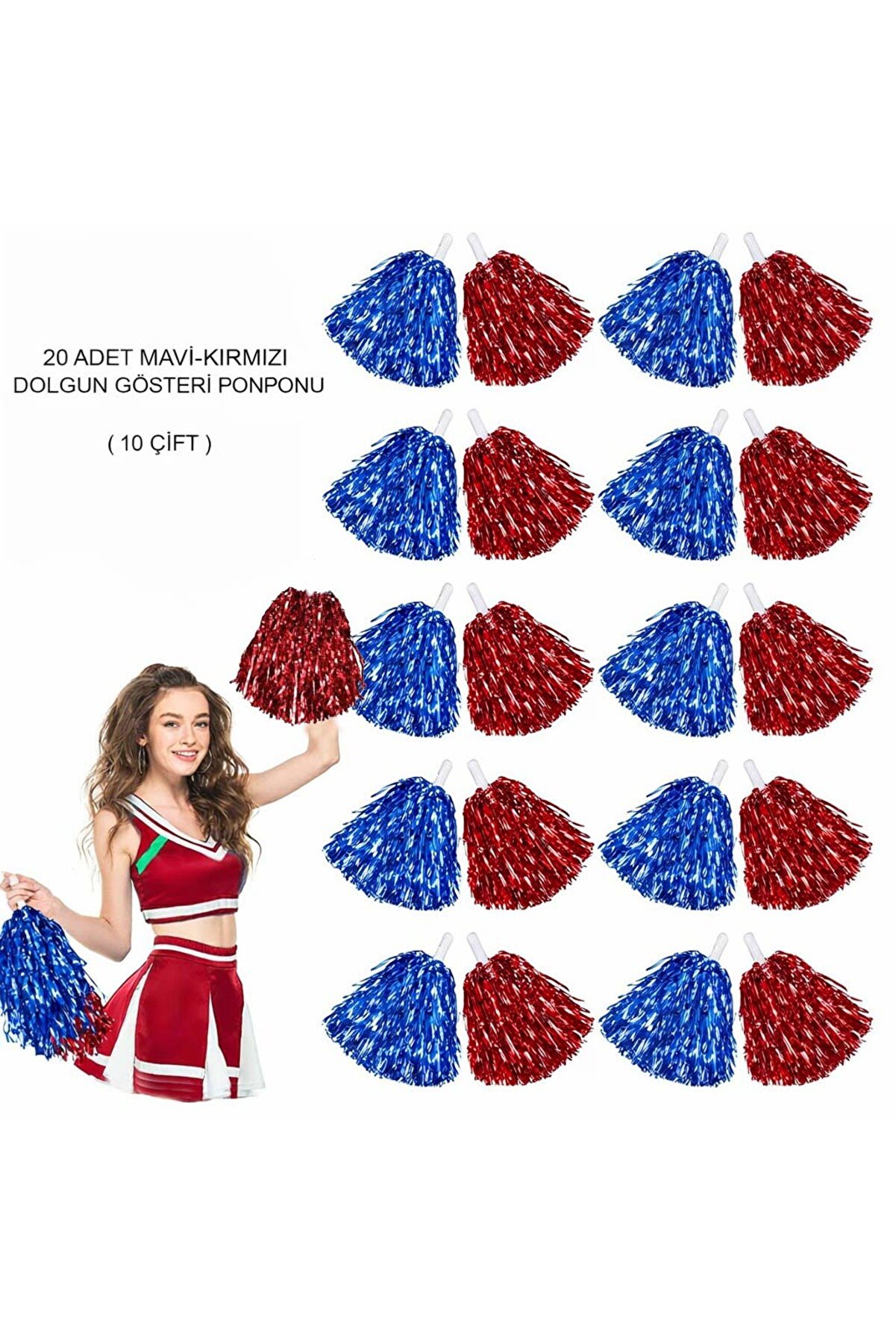 Ethab Ti̇caret Kırmızı Mavi̇ Metali̇k Dolgun G&ouml;steri̇ Ponponu 20 Adet (10 &Ccedil;i̇ft)