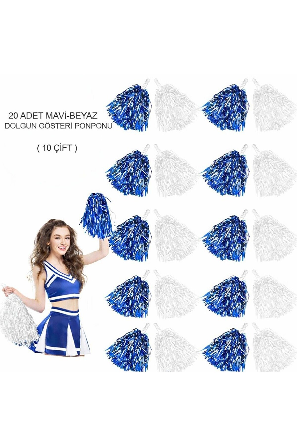 Ethab Ti̇caret Mavi̇ Beyaz Metali̇k Dolgun G&ouml;steri̇ Ponponu 20 Adet (10 &Ccedil;i̇ft)