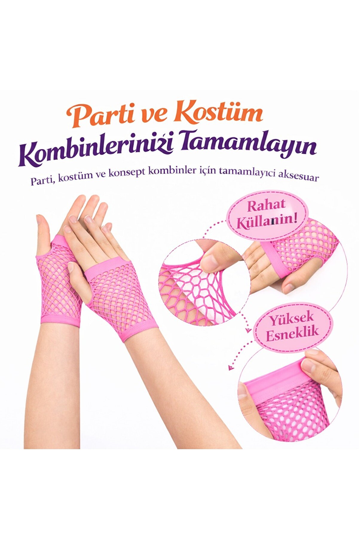 Ethab Ti̇caret 80&rsquo;Ler 90&rsquo;Lar Retro Neon Pembe Fi̇le Parmaksız Kısa Eldi̇ven 11 Cm