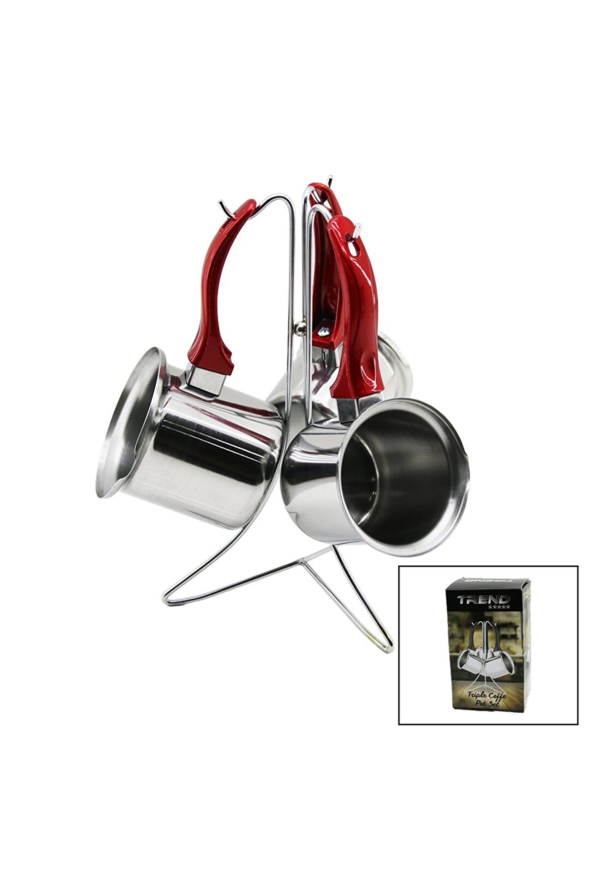 Go İthalat Trend 3L&uuml; Set No-3-4-5 &Ccedil;eli̇k Cezve Metal Standlı Renkli̇ Plasti̇k Kulplu