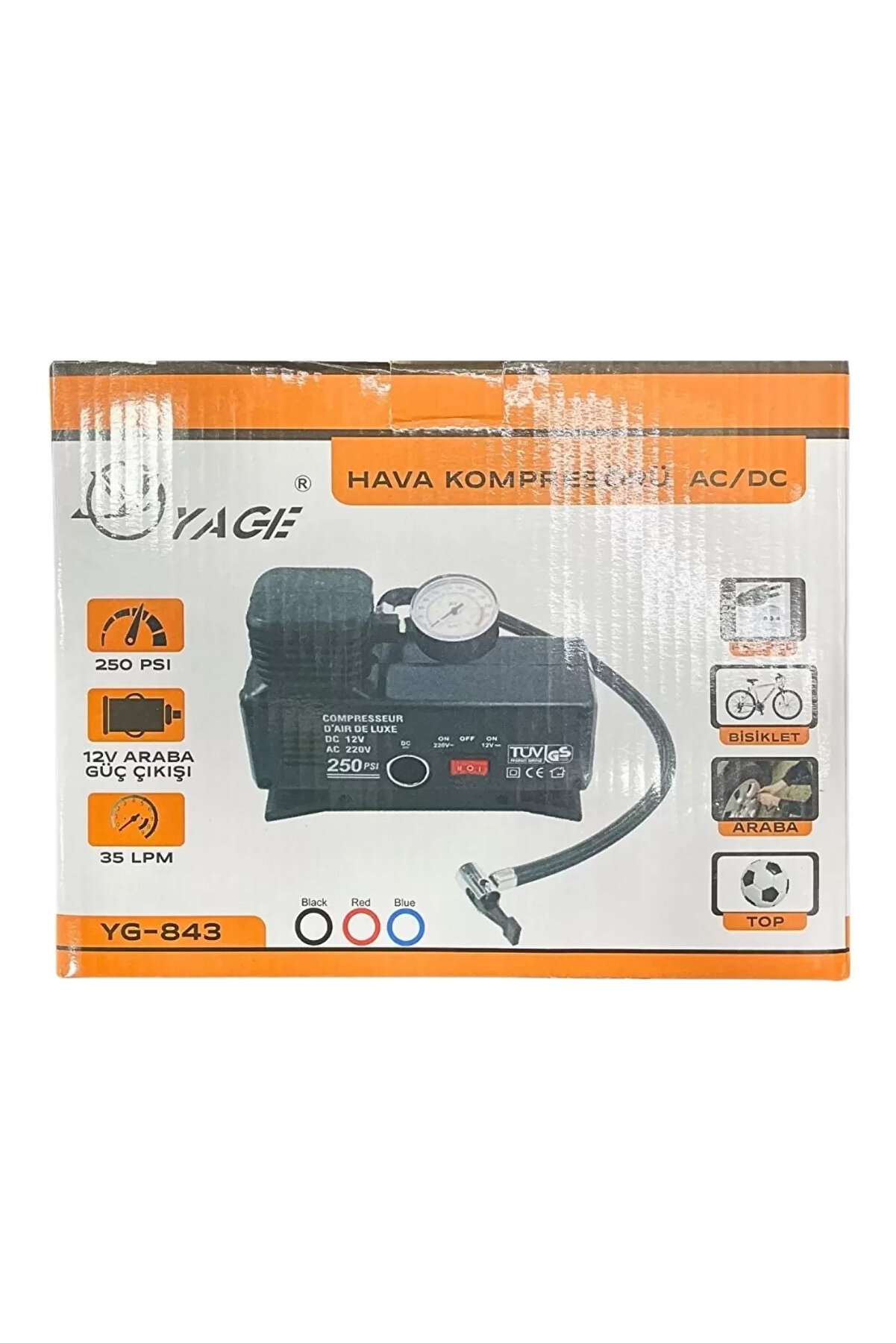 Go İthalat 220 Volt-12 Volt 250 Psi̇ Kompres&ouml;r Lasti̇k Hava Şi̇şi̇rme Oto Pompası Fi̇şli̇ Ve &Ccedil;akmaklı Yage-843