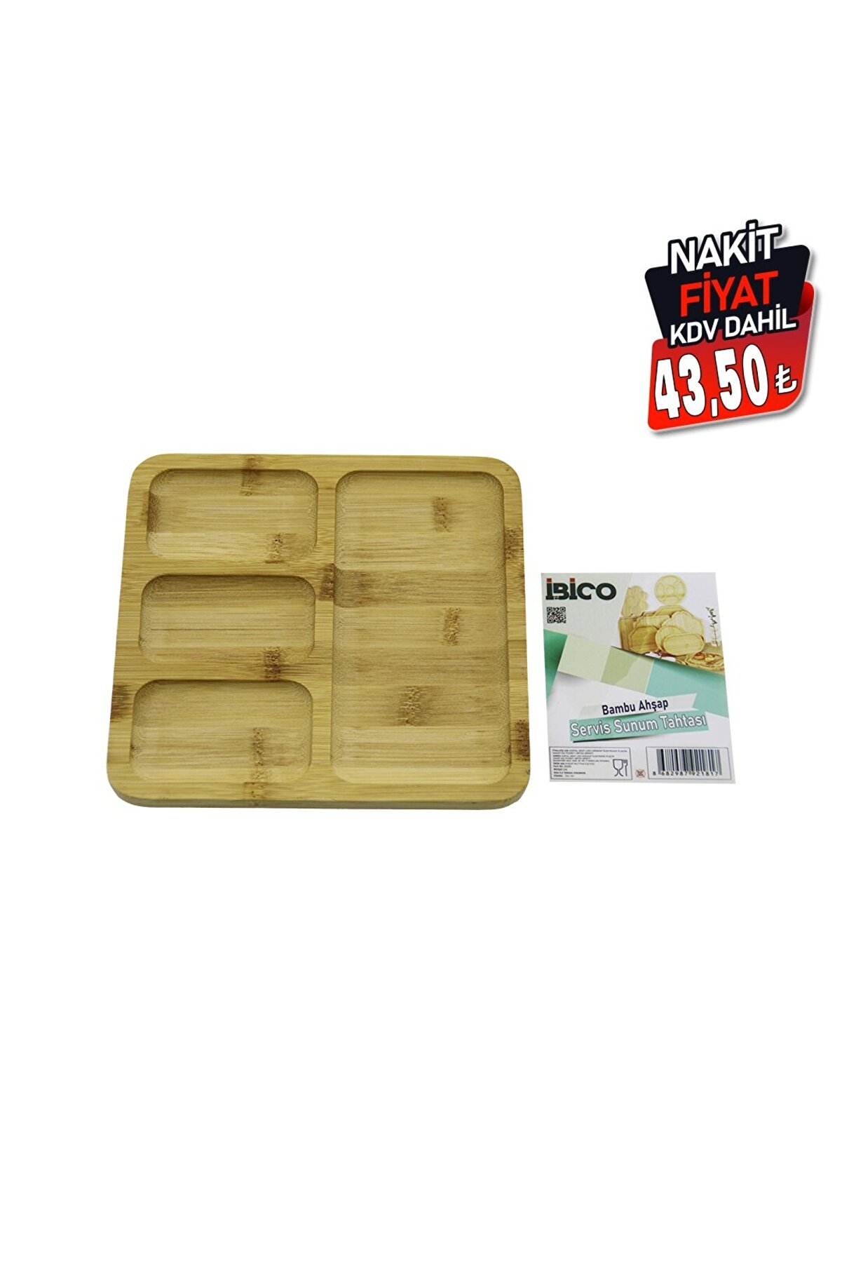Go İthalat Kare 4 B&ouml;lmeli̇=3+1 Ahşap Bambu Servi̇s Sunum Tepsi̇ - Tahtası 20 X 20 X 1.4Cm