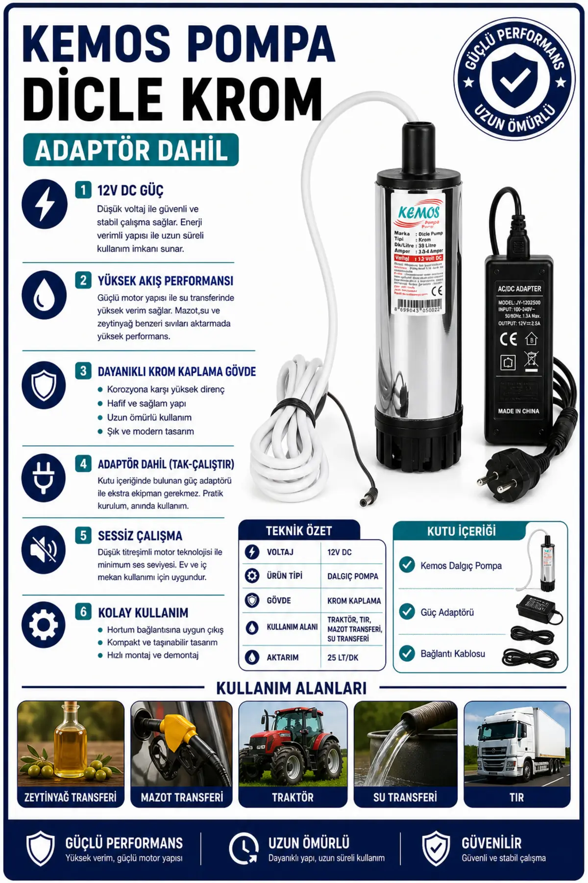 Kemos Di̇cle Krom 220-12 Volt Dalgı&ccedil; Adapt&ouml;rl&uuml; Mazot Aktarma(Sıvı Transfer) Pompası