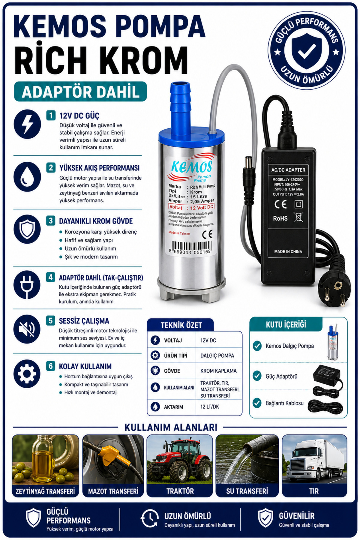 Kemos 220-12 Volt Ri̇ch Krom Dalgı&ccedil; Adapt&ouml;rl&uuml; Mazot Aktarma(Sıvı Transfer) Pompası