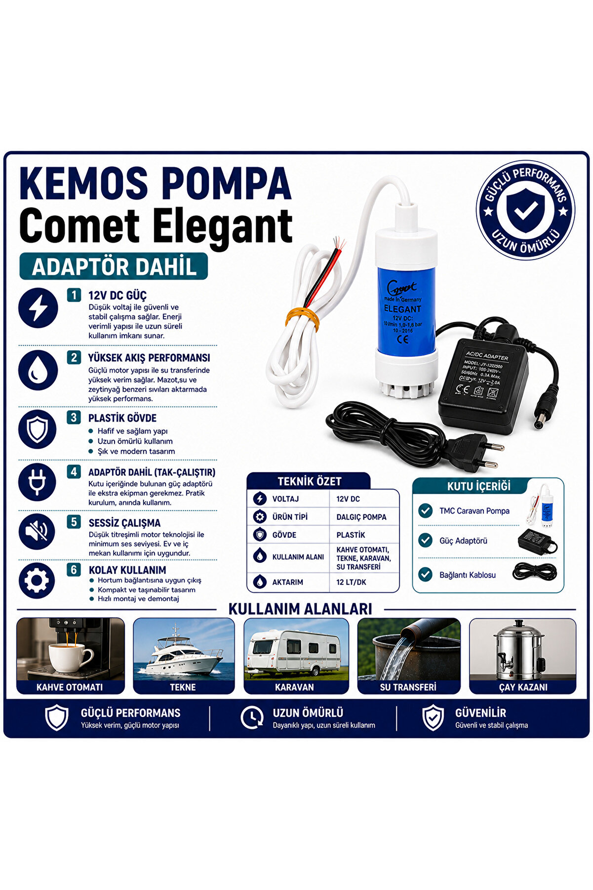 Kemos Elegant 220-12 Volt Mi̇ni̇ Dalgı&ccedil; Adapt&ouml;rl&uuml; Otomat (Sıvı Transfer) Pompası