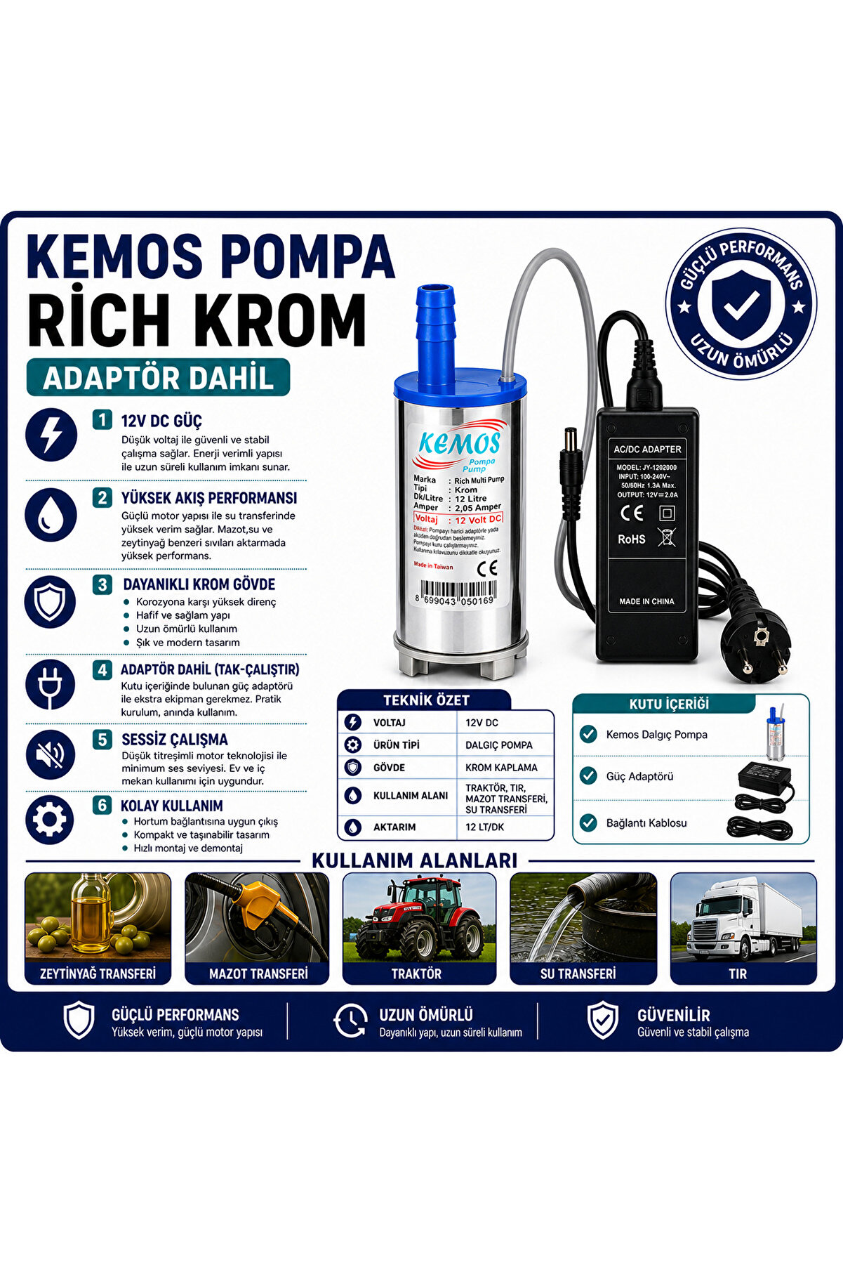 Kemos 220-12 Volt Ri̇ch Krom Dalgı&ccedil; Adapt&ouml;rl&uuml; Mazot Aktarma(Sıvı Transfer) Pompası