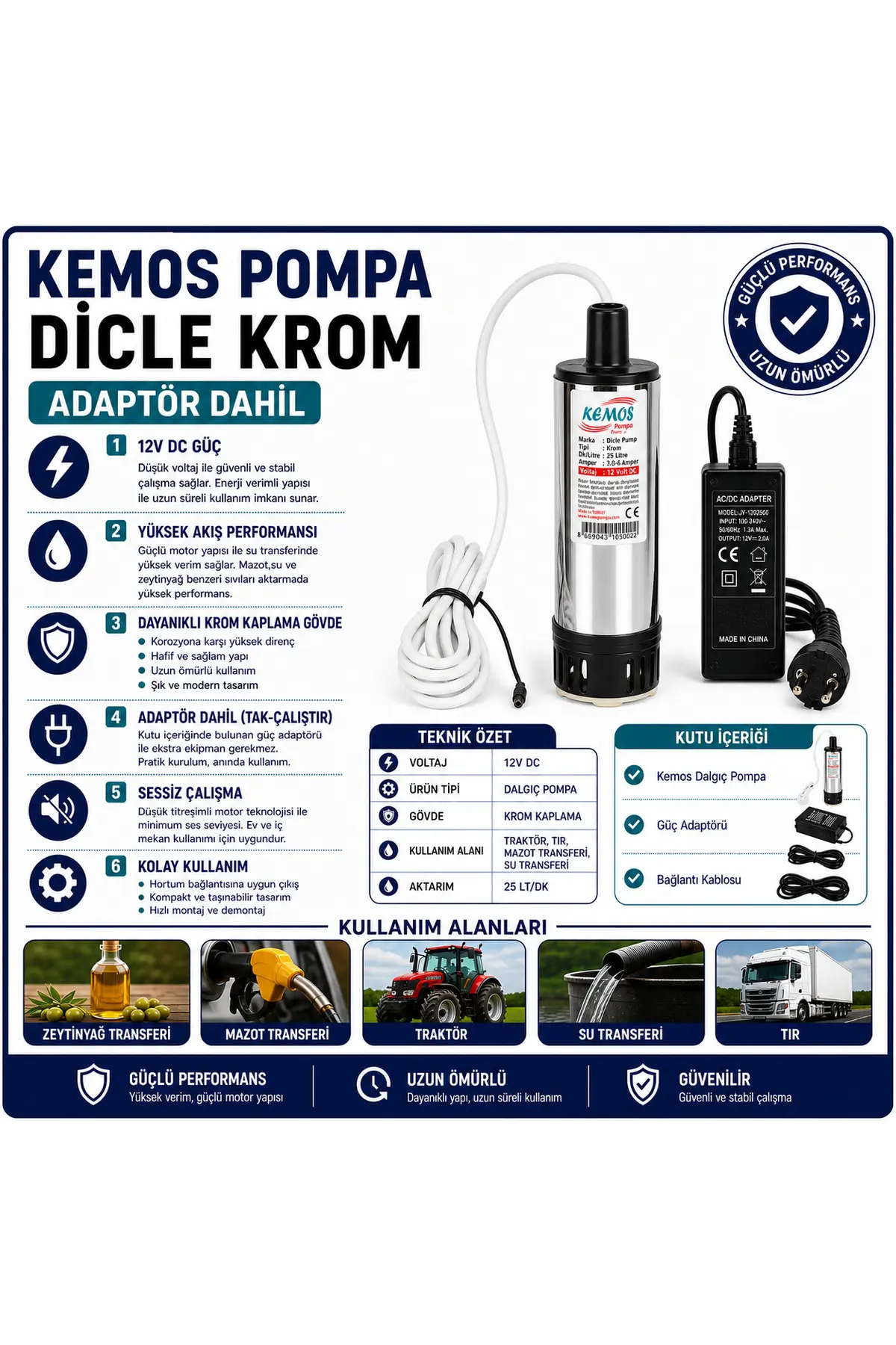 Kemos Di̇cle Krom 220-12 Volt Dalgı&ccedil; Adapt&ouml;rl&uuml; Mazot Aktarma(Sıvı Transfer) Pompası