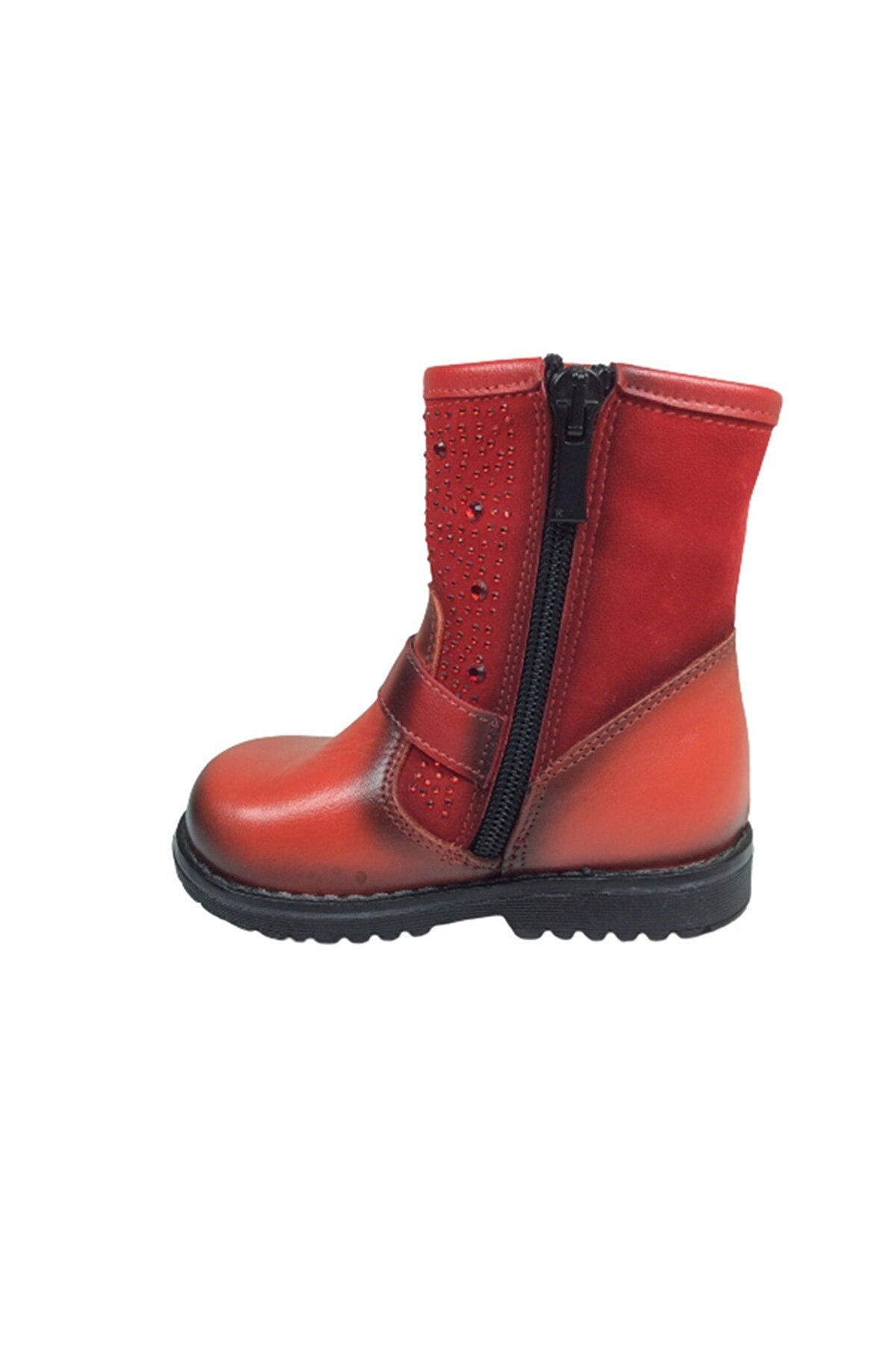 Kız Çocuk Kırmızı Taşlı Tokalı Fermuarlı Deri̇ Anatomi̇k Bot