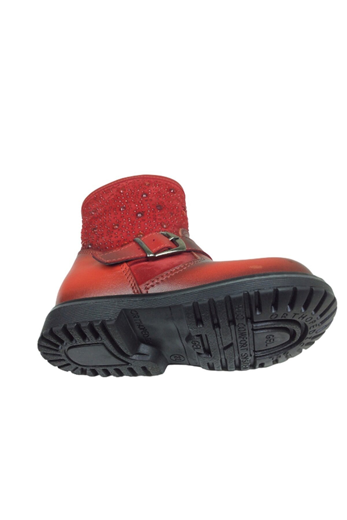 Kız Çocuk Kırmızı Taşlı Tokalı Fermuarlı Deri̇ Anatomi̇k Bot