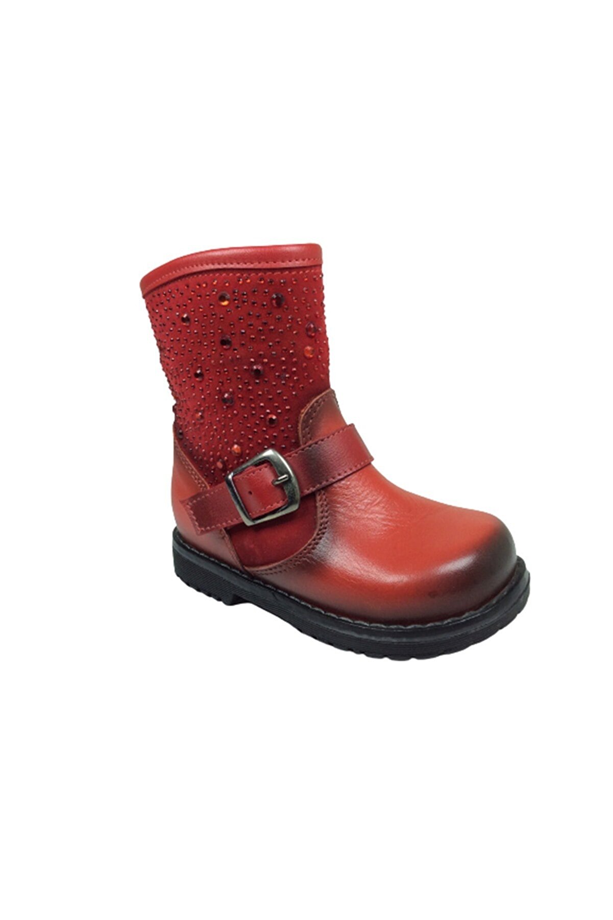 Kız Çocuk Kırmızı Taşlı Tokalı Fermuarlı Deri̇ Anatomi̇k Bot